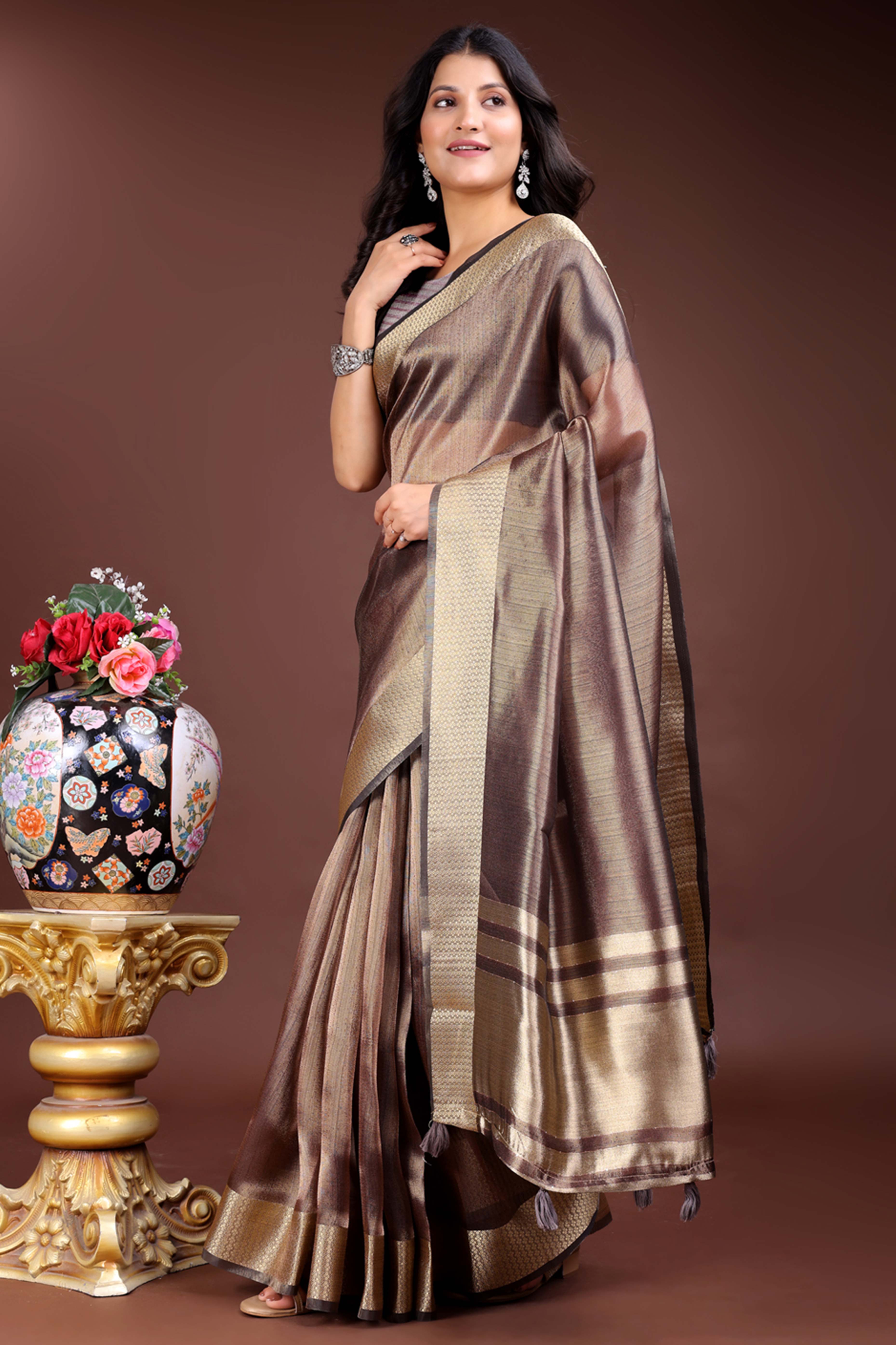 Brown Organza Saree with Zari Border Weaving Pattern