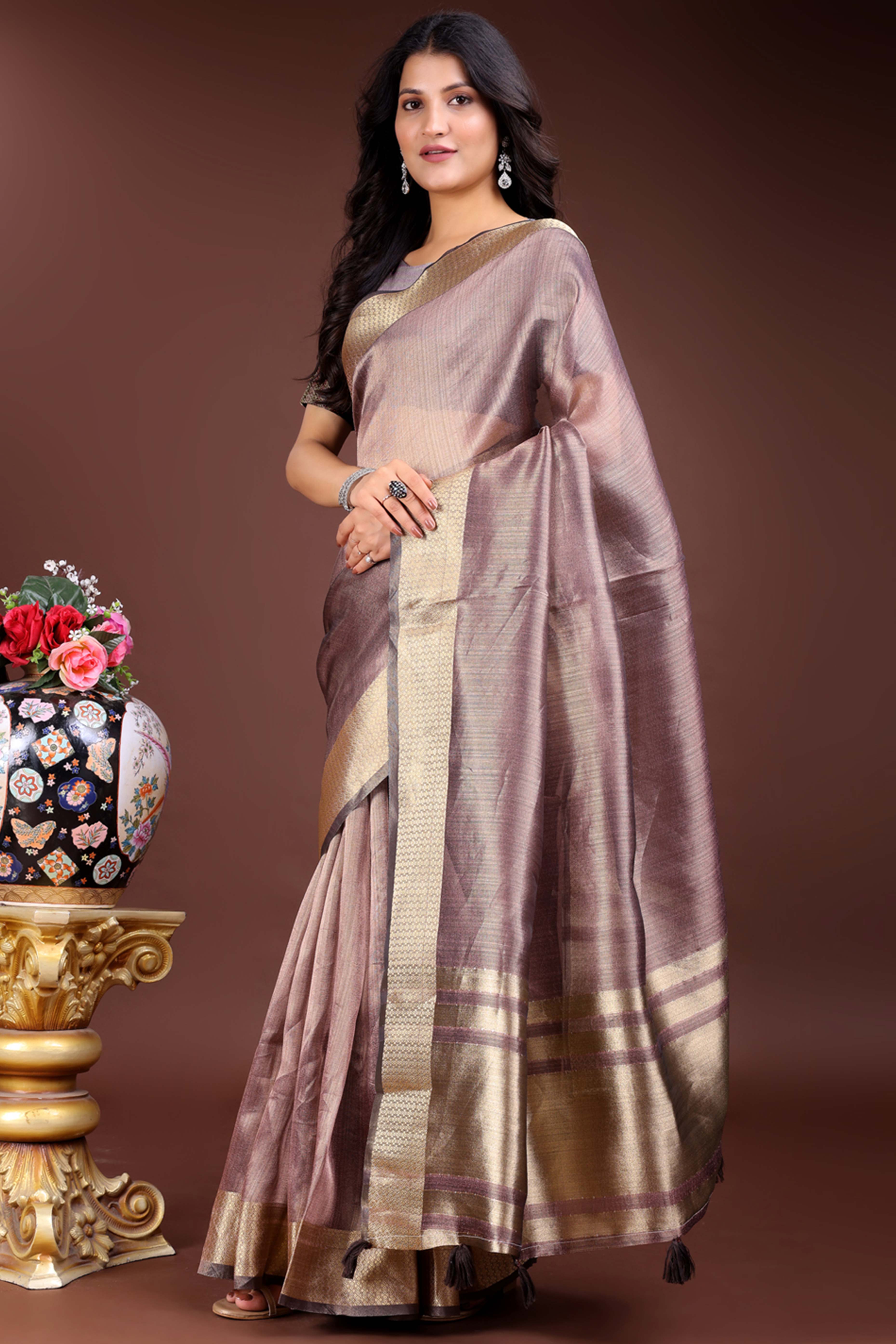 Purple Organza Saree with Zari Border Weaving Edge