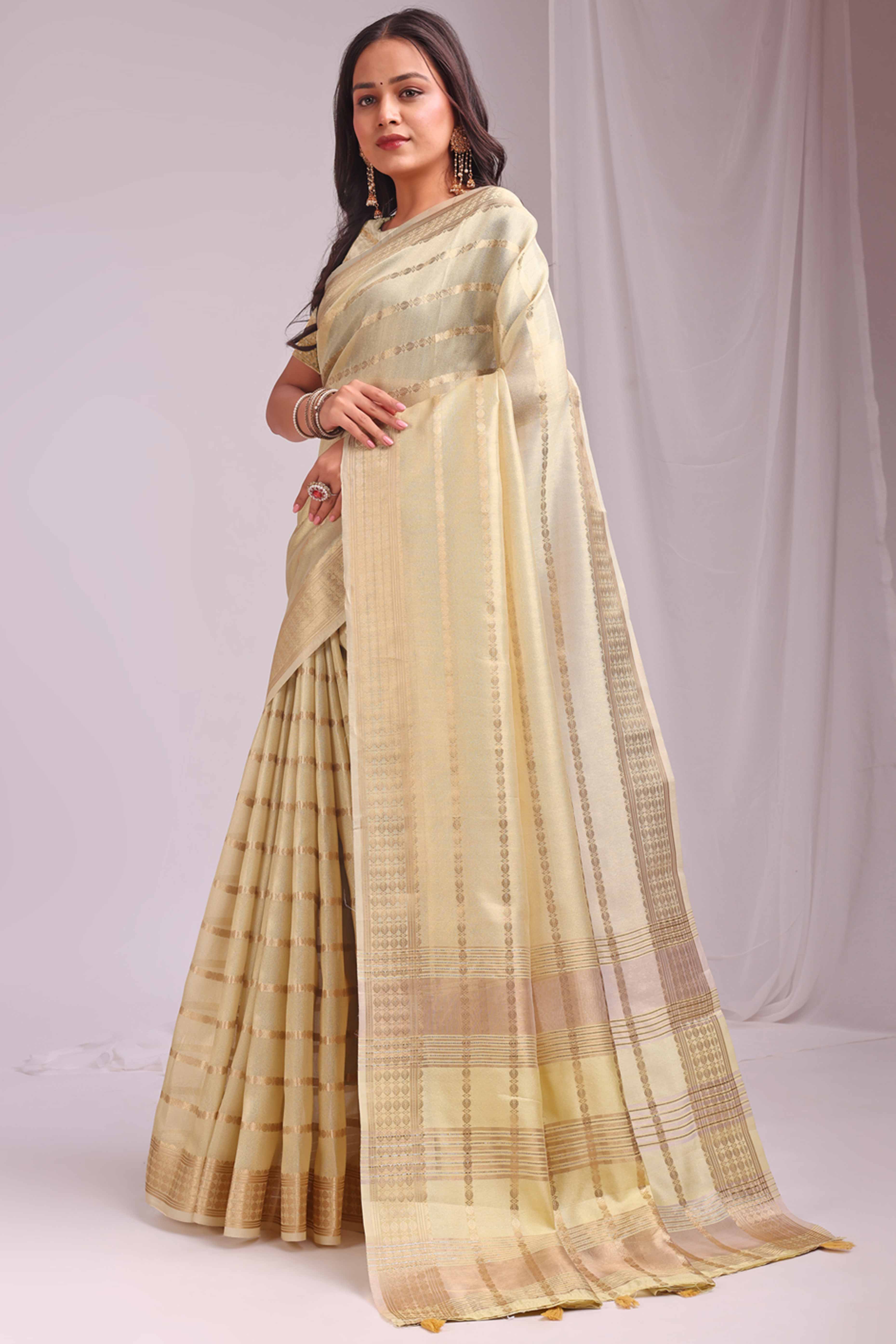 Gold Lightweight Organza Saree with Rich Zari Stripes Pattern
