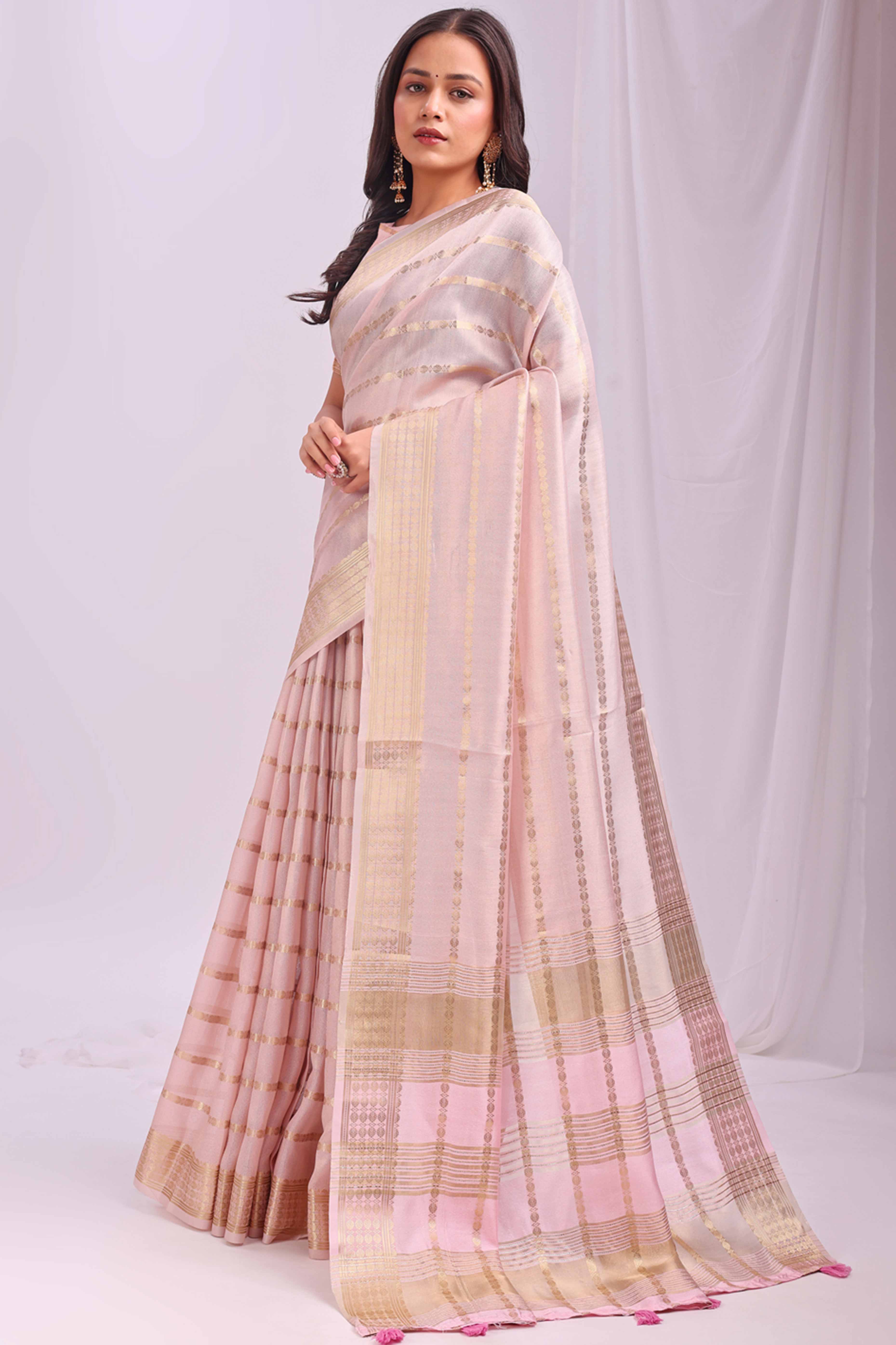 Peach Lightweight Organza Saree with Rich Zari Stripes Pattern