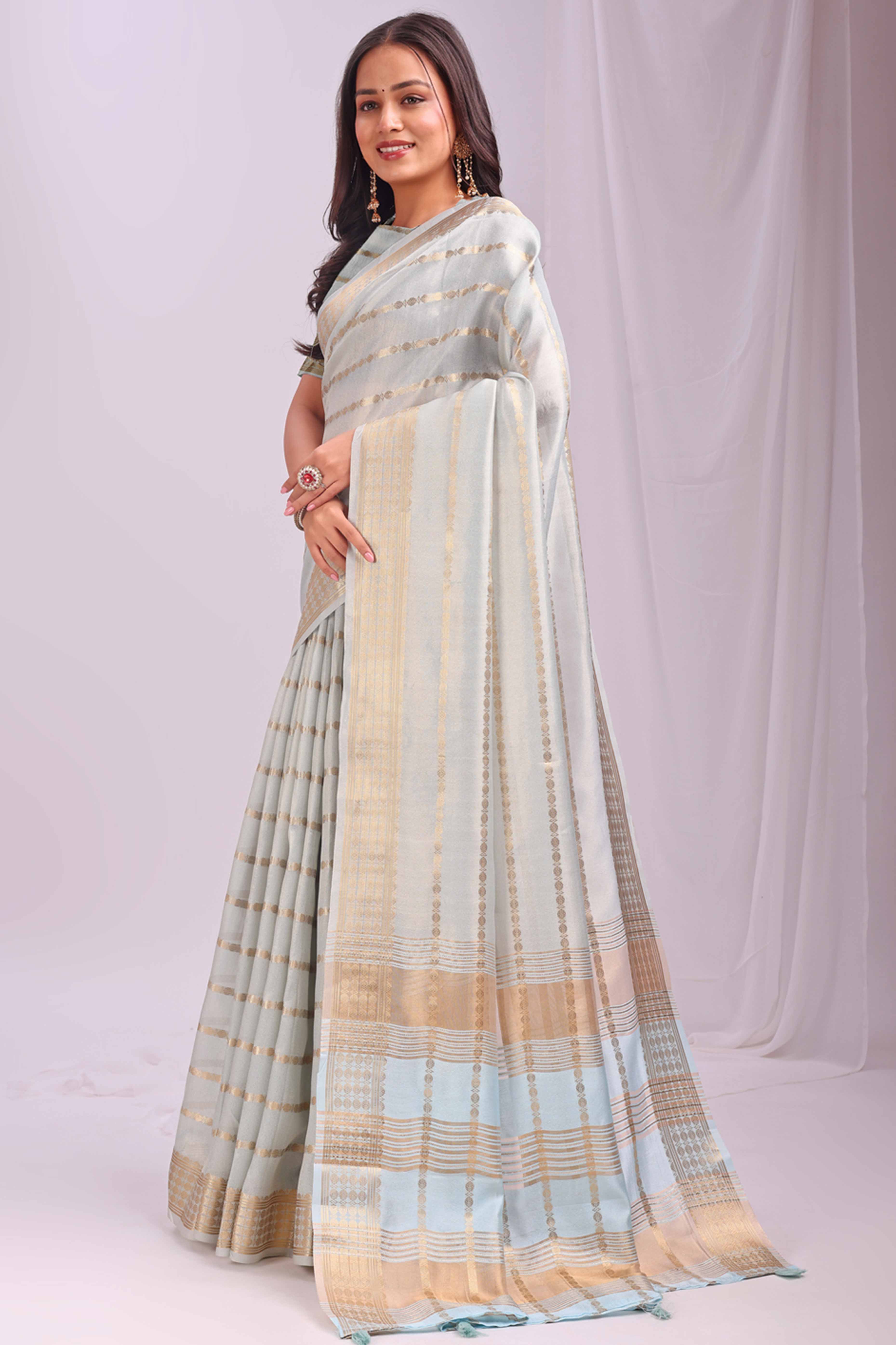 Sky Blue Lightweight Organza Saree with Rich Zari Stripes Pattern