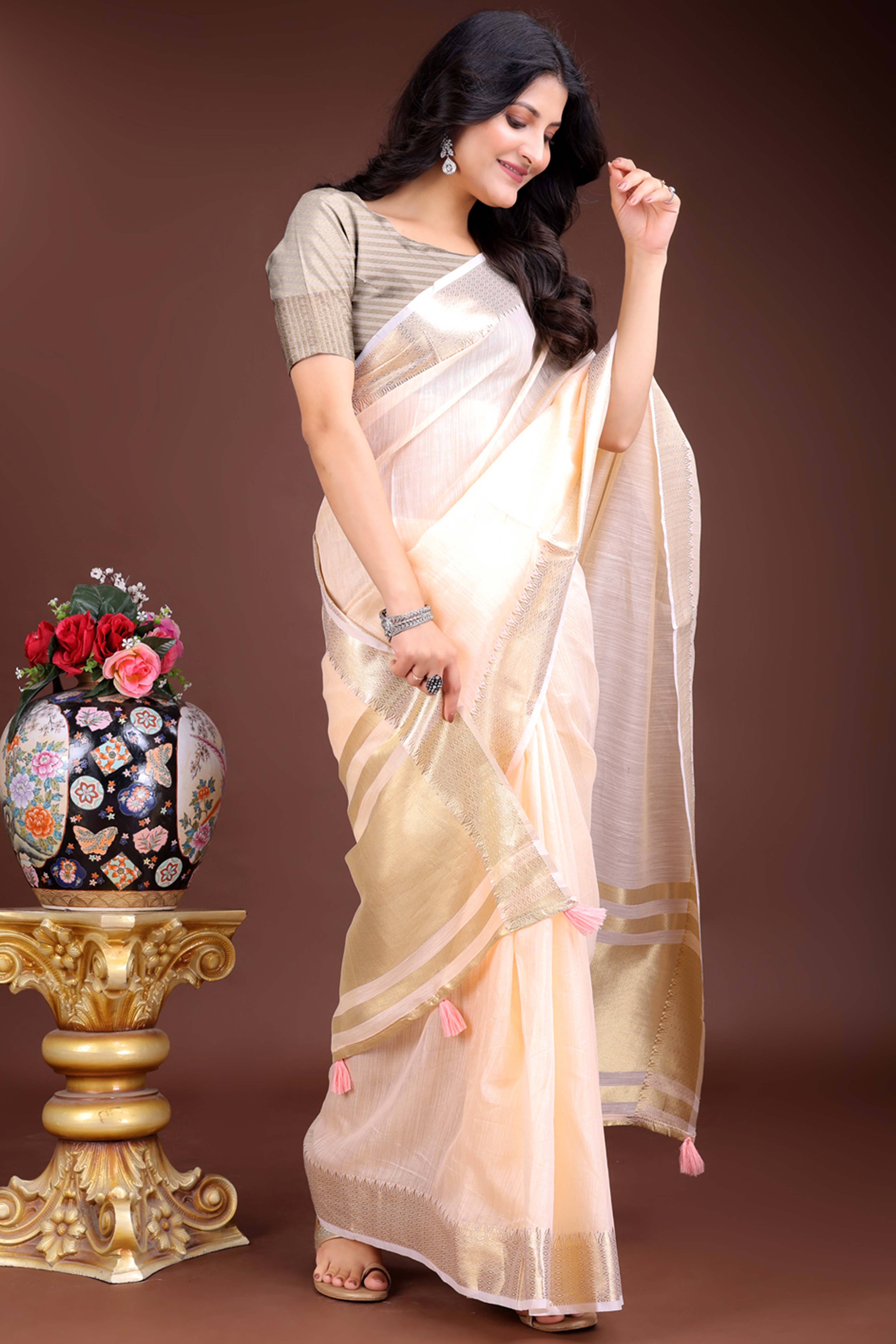 Peach Cotton Silk Saree with Zari Border Weaving