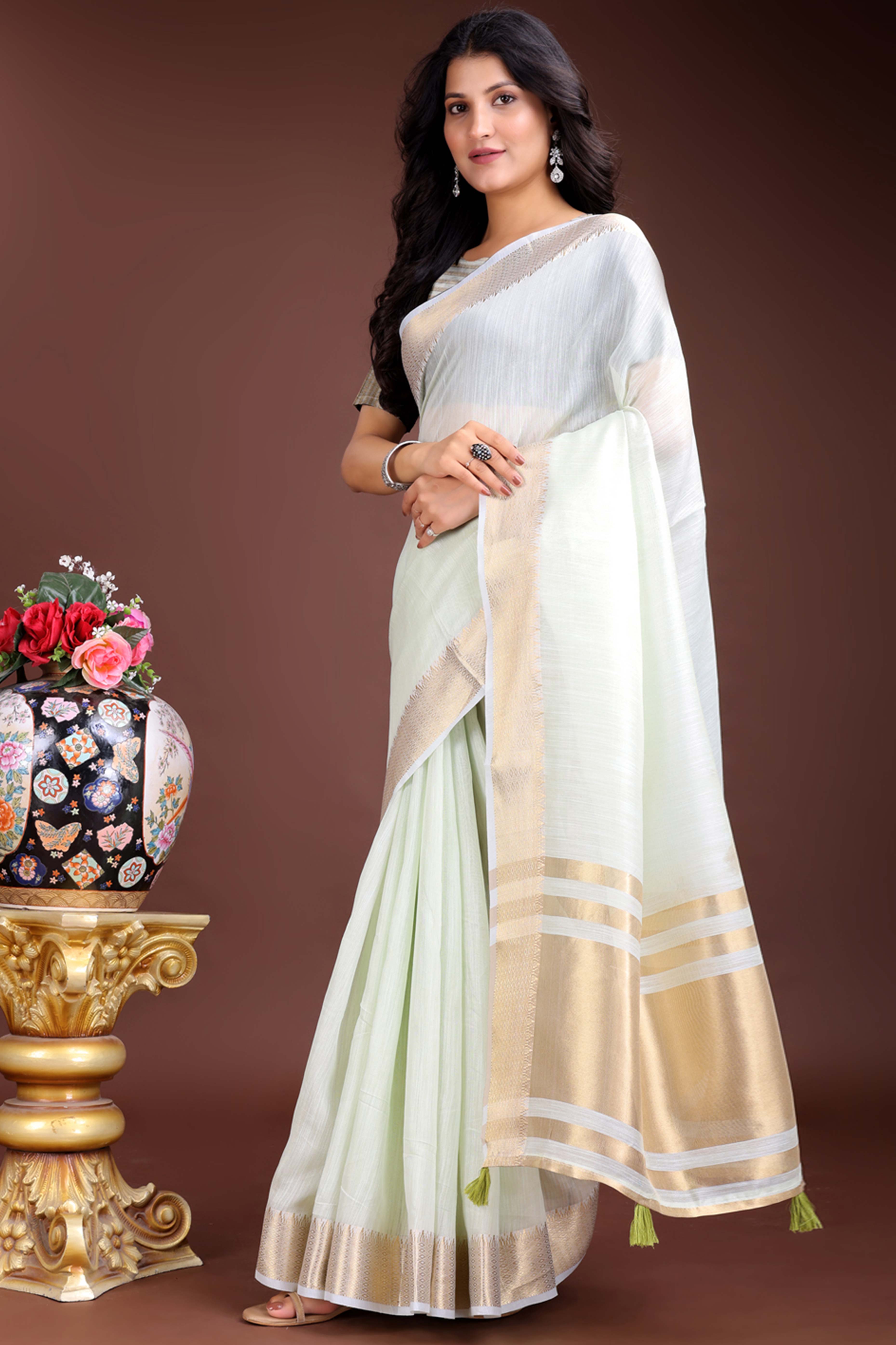Light Green Cotton Silk Saree with Zari Border Weaving