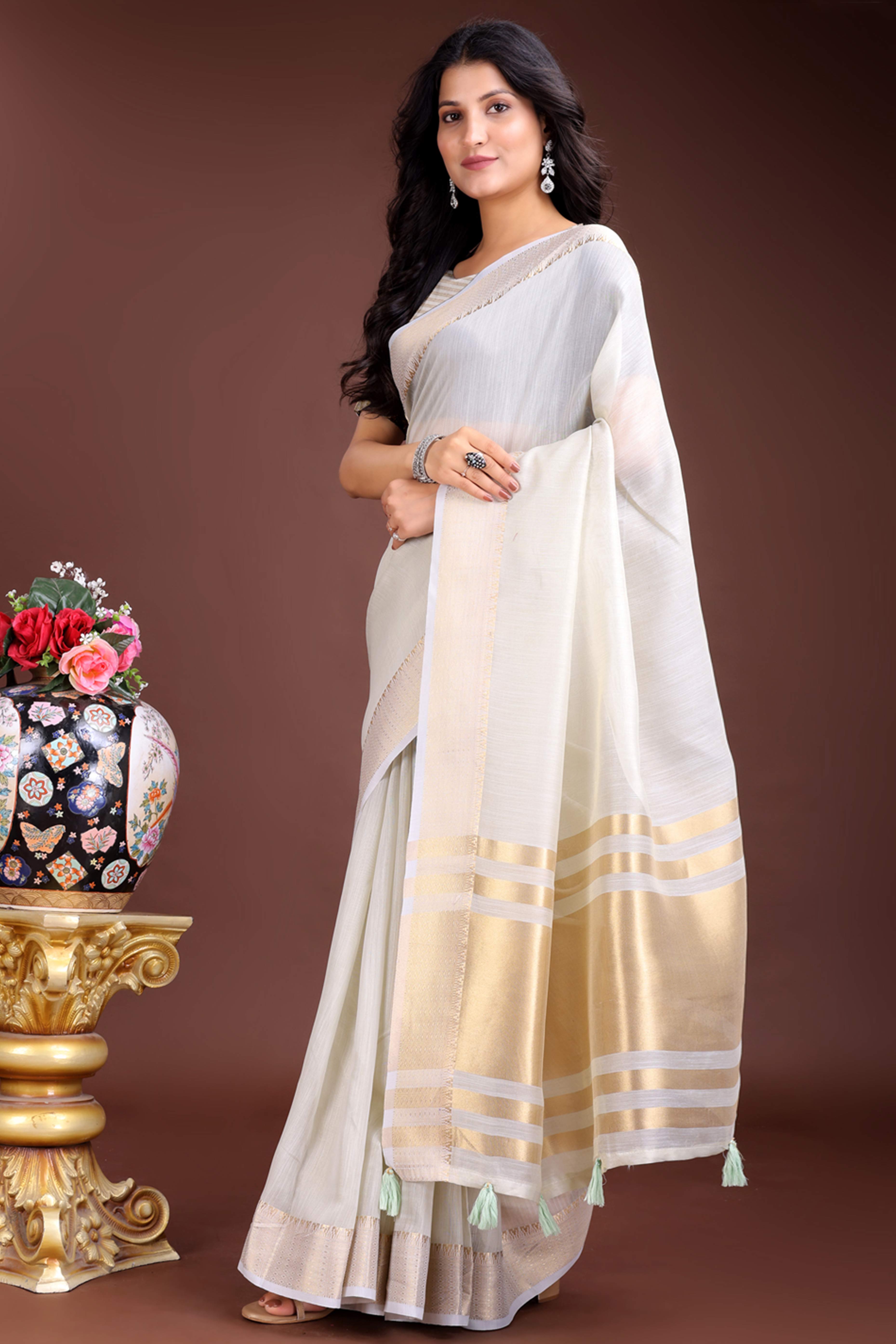 Grey Cotton Silk Saree with Zari Border Weaving