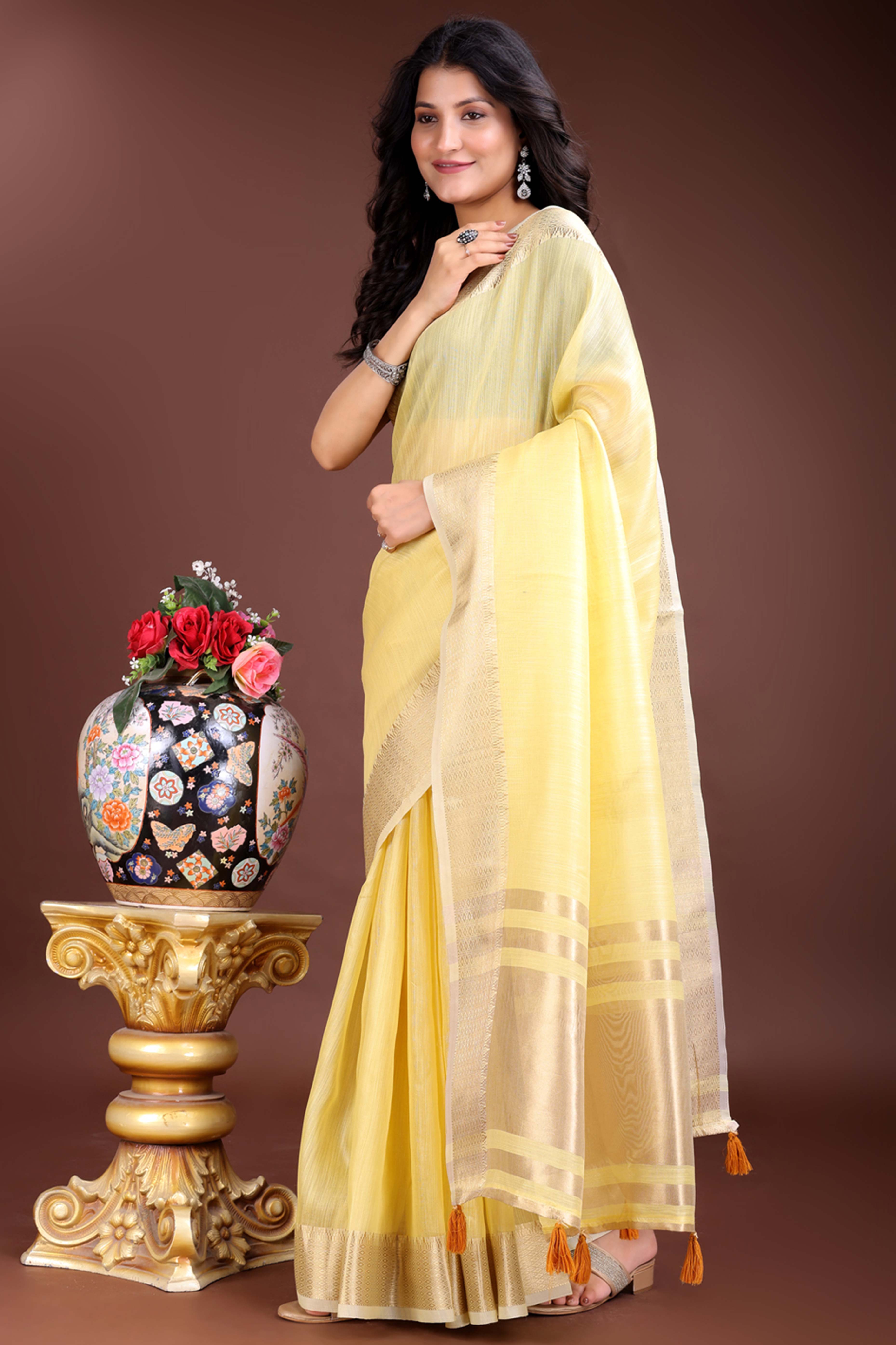 Yellow Cotton Silk Saree with Zari Border Weaving