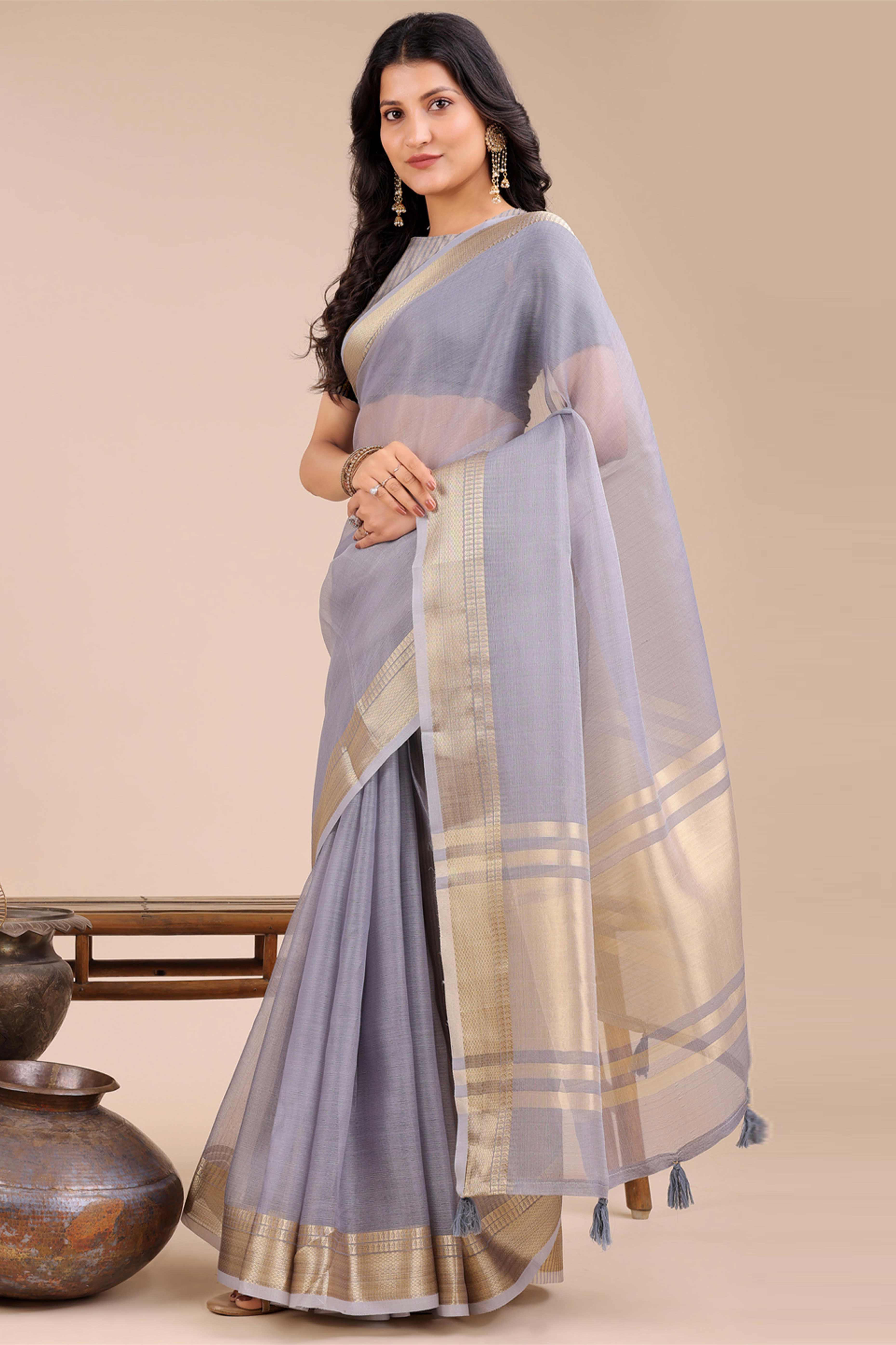 Soft Grey Organza Saree with Detailed Zari Woven Edging