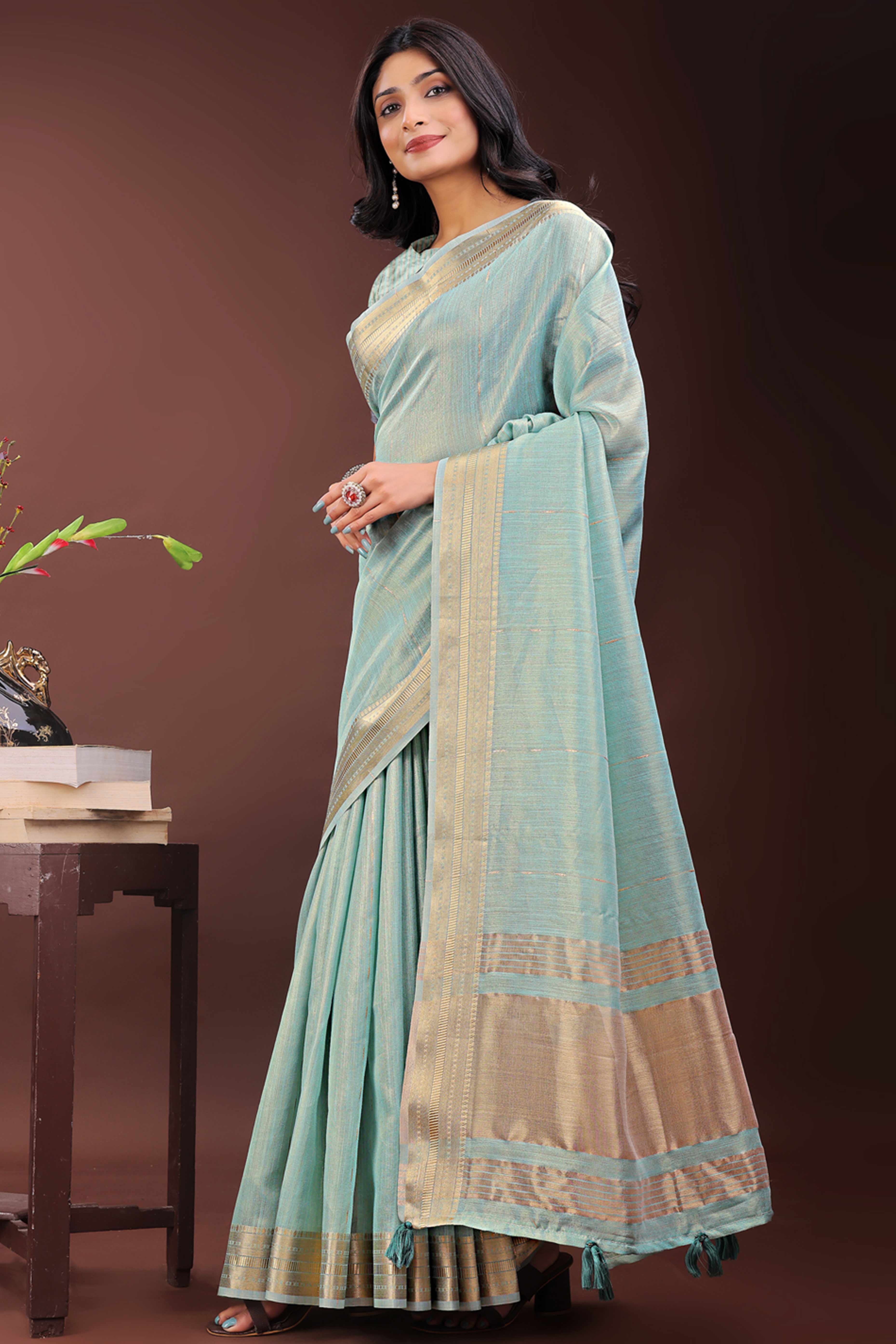 Blue Organza Saree Adorned With Zari Weave & Tassel Edges
