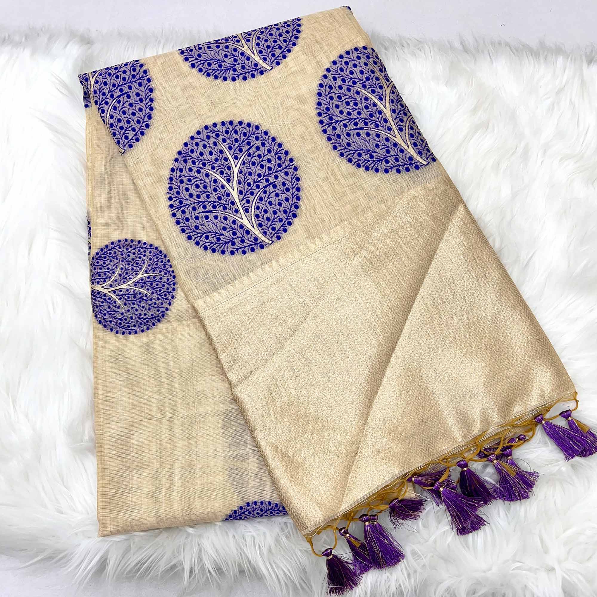 Beige & Blue Meenakari Crafted Soft Muga Cotton Saree Designed for Elegant Festive Styling