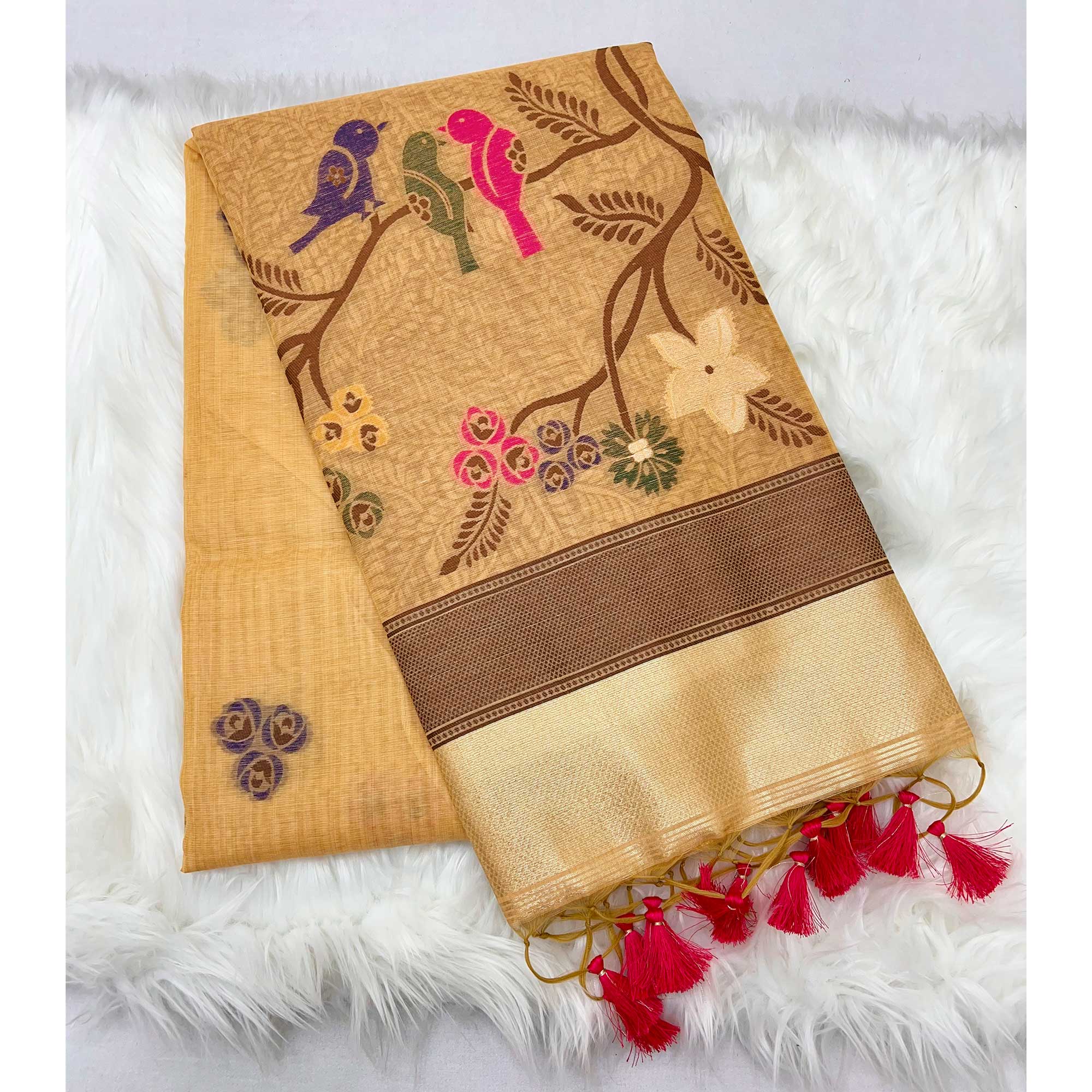 Mustard Meenakari Weaving Soft Muga Cotton Saree Designed for a Graceful Ethnic Appeal