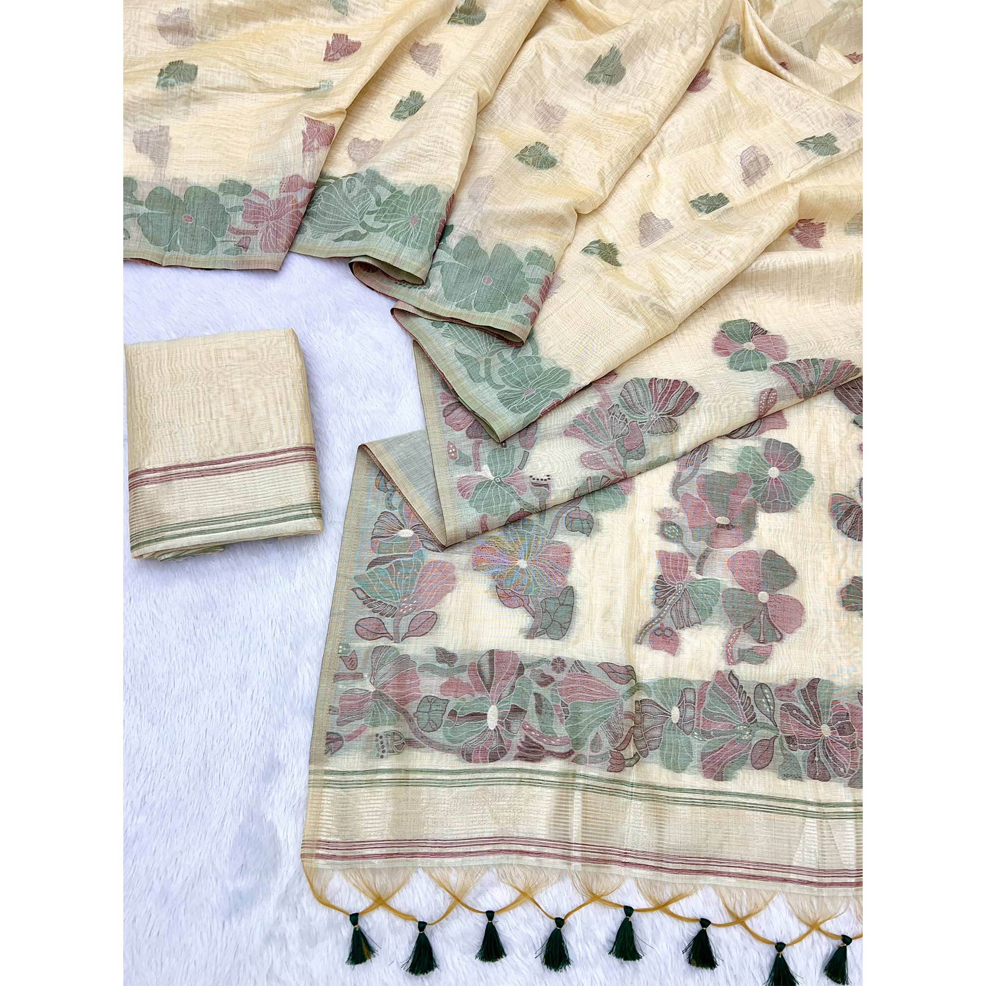 Beige Handwoven Soft Muga Cotton Saree Decorated with Fine Meenakari Weaving Patterns