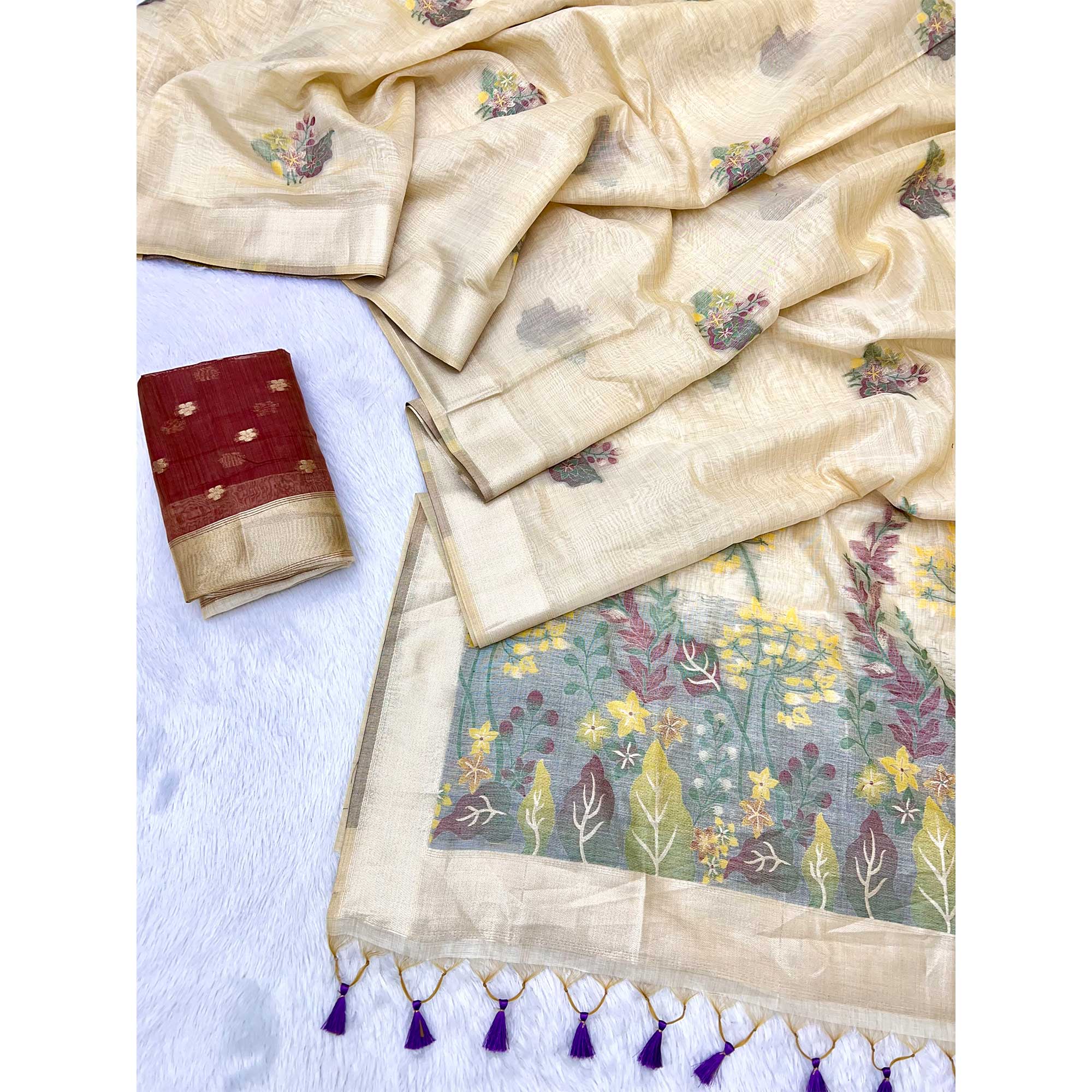 Beige Traditional Soft Muga Cotton Saree Elevated with Rich Meenakari Weaving Detailing