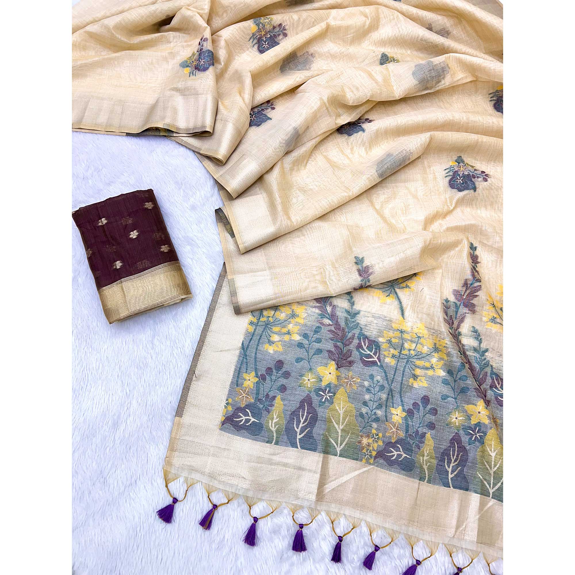 Beige Traditional Soft Muga Cotton Saree Elevated with Meenakari Weaving Detailing