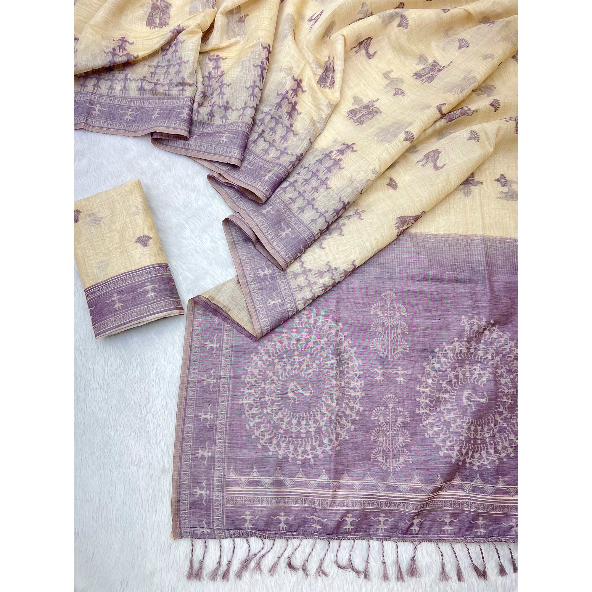 Beige & Purple Meenakari Crafted Soft Muga Cotton Saree Designed for Elegant Festive Style