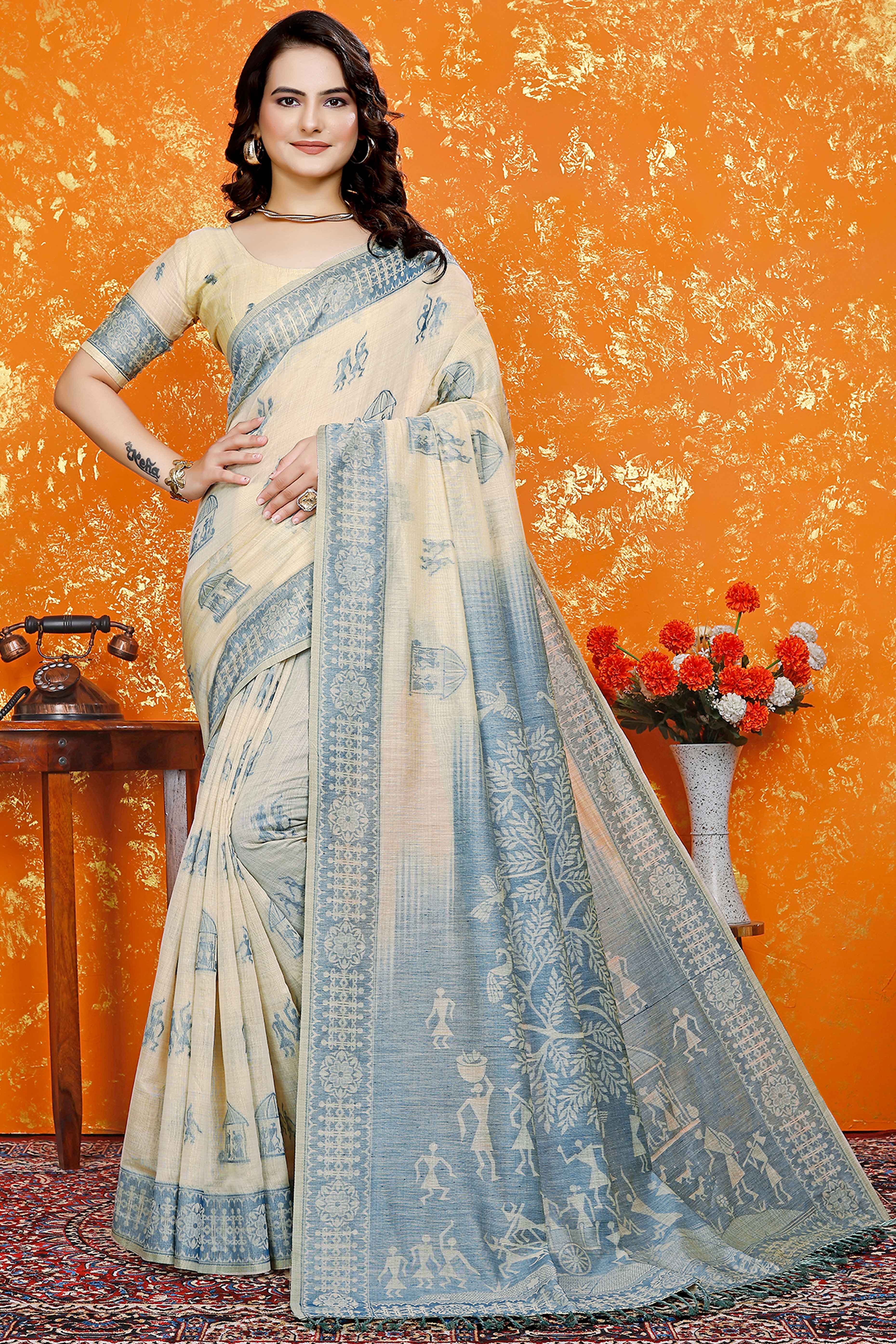 Beige Meenakari Weaving Soft Muga Cotton Saree Designed for Elegant Traditional Wear