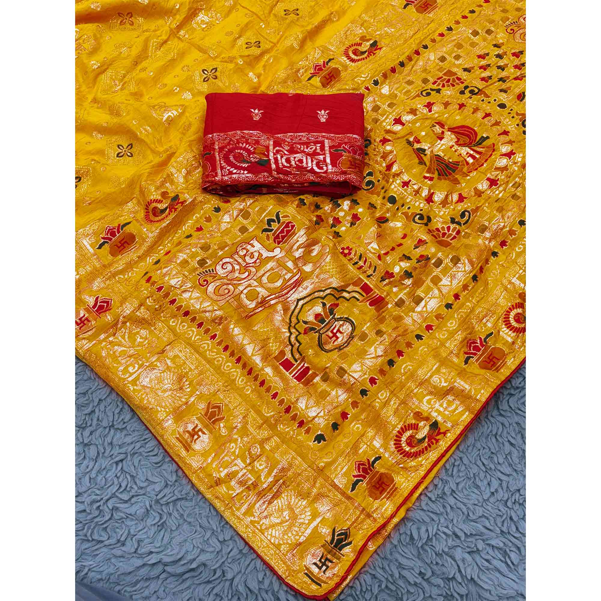 Yellow Artistic Meenakari Zari Woven Muslin Soft Saree with Smooth Fall