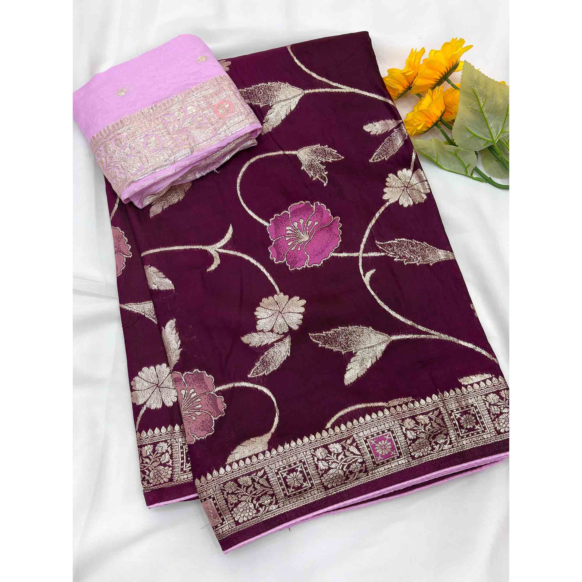 Purple Graceful Soft Muslin Saree Highlighted with Premium Meenakari Zari Work