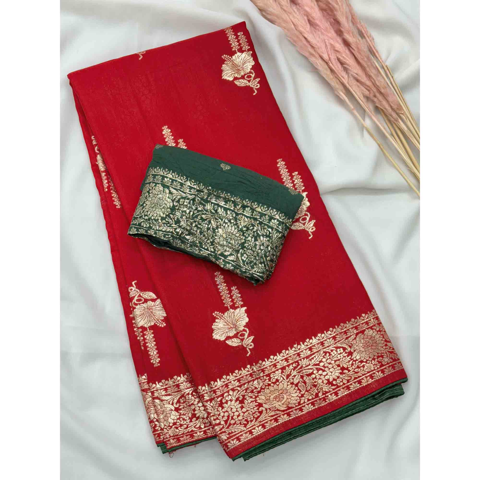 Red Traditional Muslin Soft Saree Featuring Luxurious Meenakari Zari Patterns