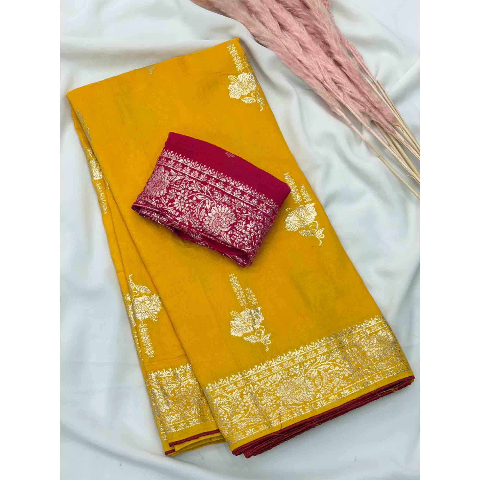 Yellow Traditional Muslin Soft Saree Featuring Luxurious Meenakari Zari Patterns