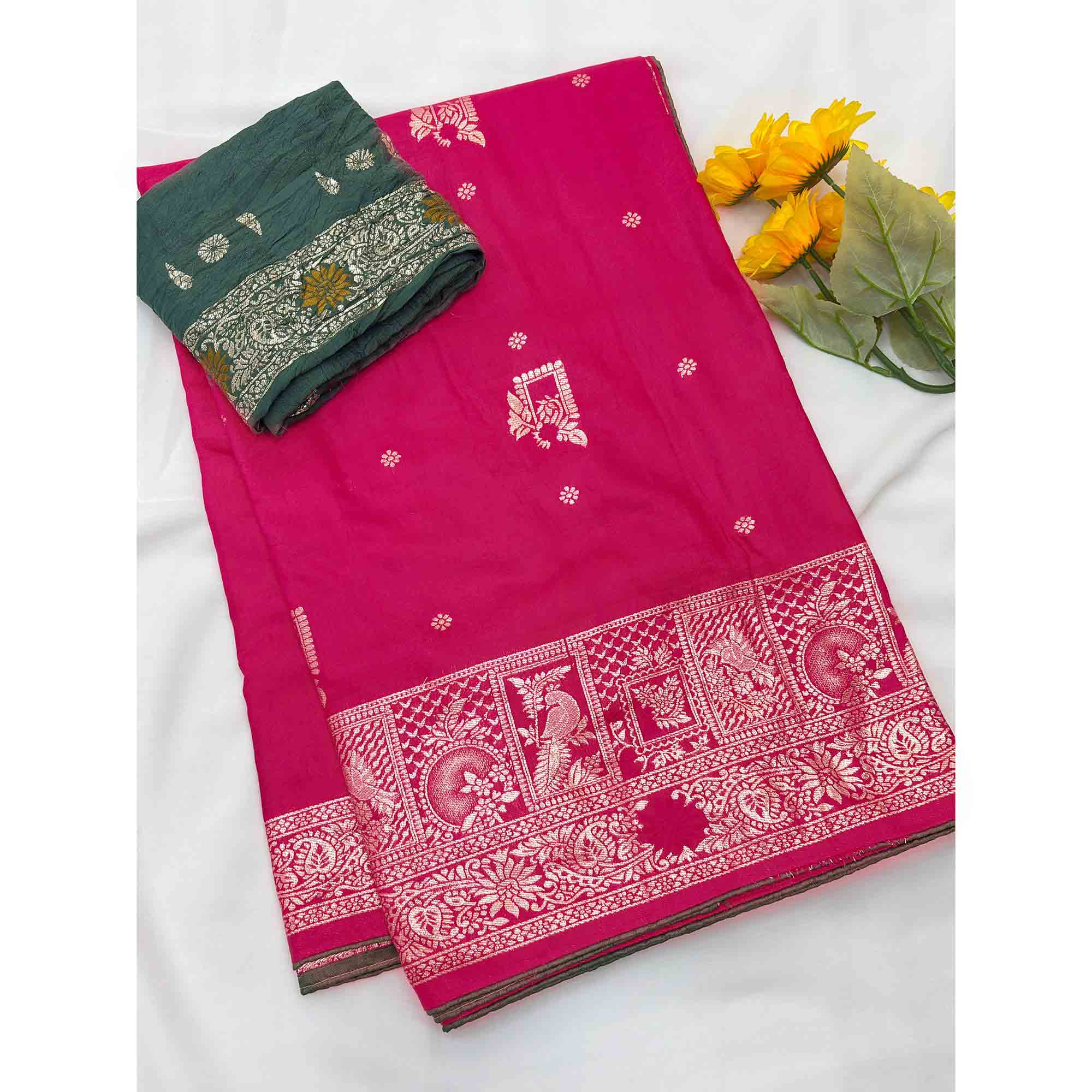 Pink Lightweight Muslin Soft Saree Beautified with Classic Meenakari Zari Weaves