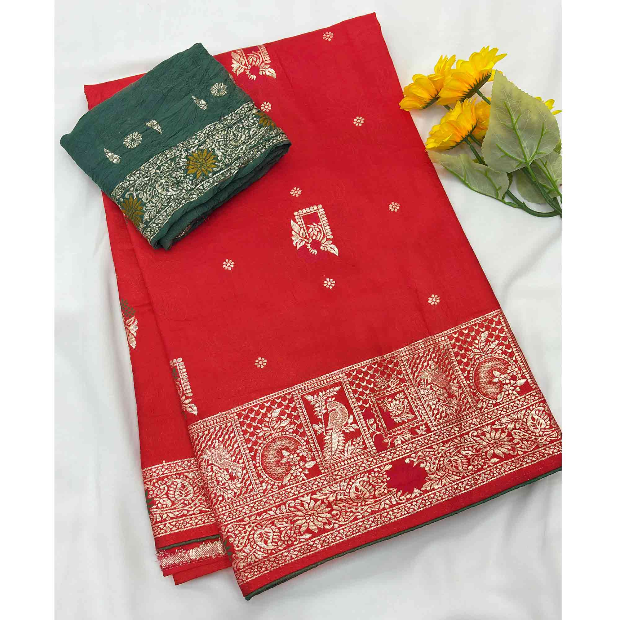 Red Lightweight Muslin Soft Saree Beautified with Classic Meenakari Zari Weaves