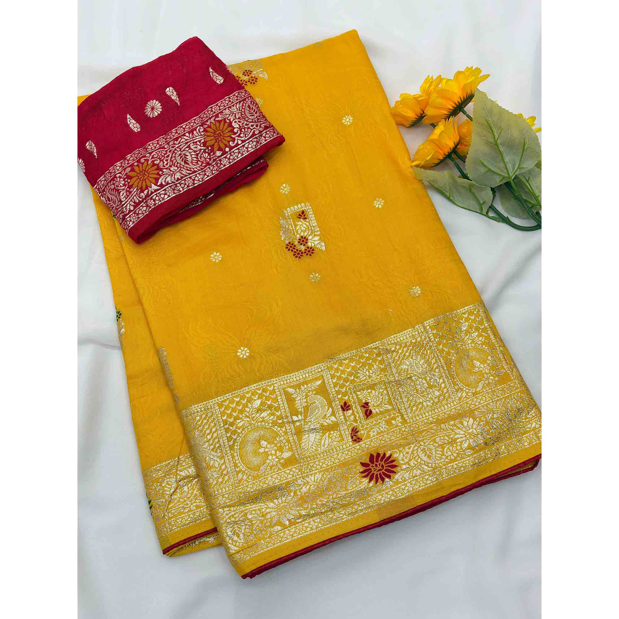 Yellow Lightweight Muslin Soft Saree Beautified with Classic Meenakari Zari Weaves