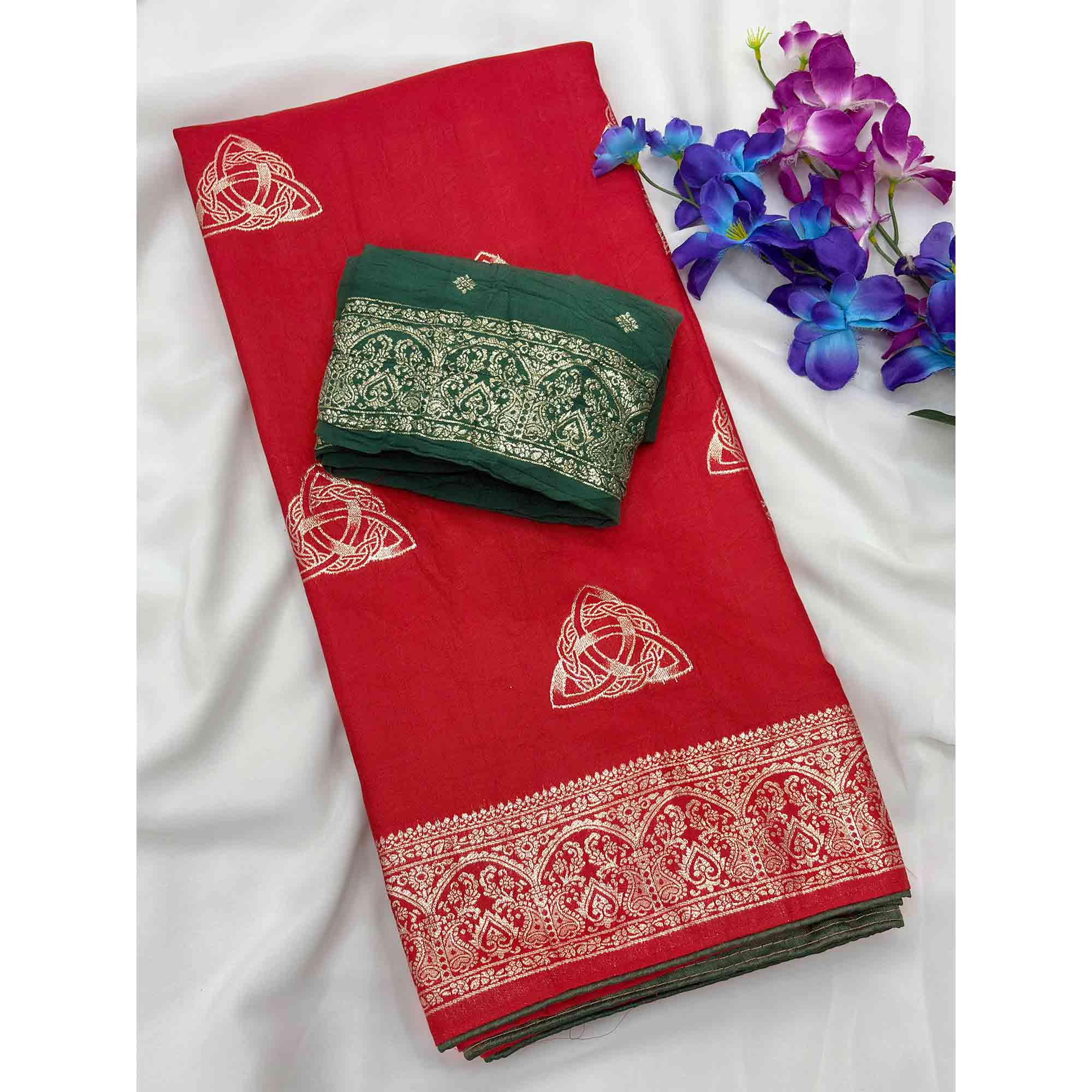 Red Festive Wear Muslin Soft Saree Enriched with Intricate Meenakari Zari Designs
