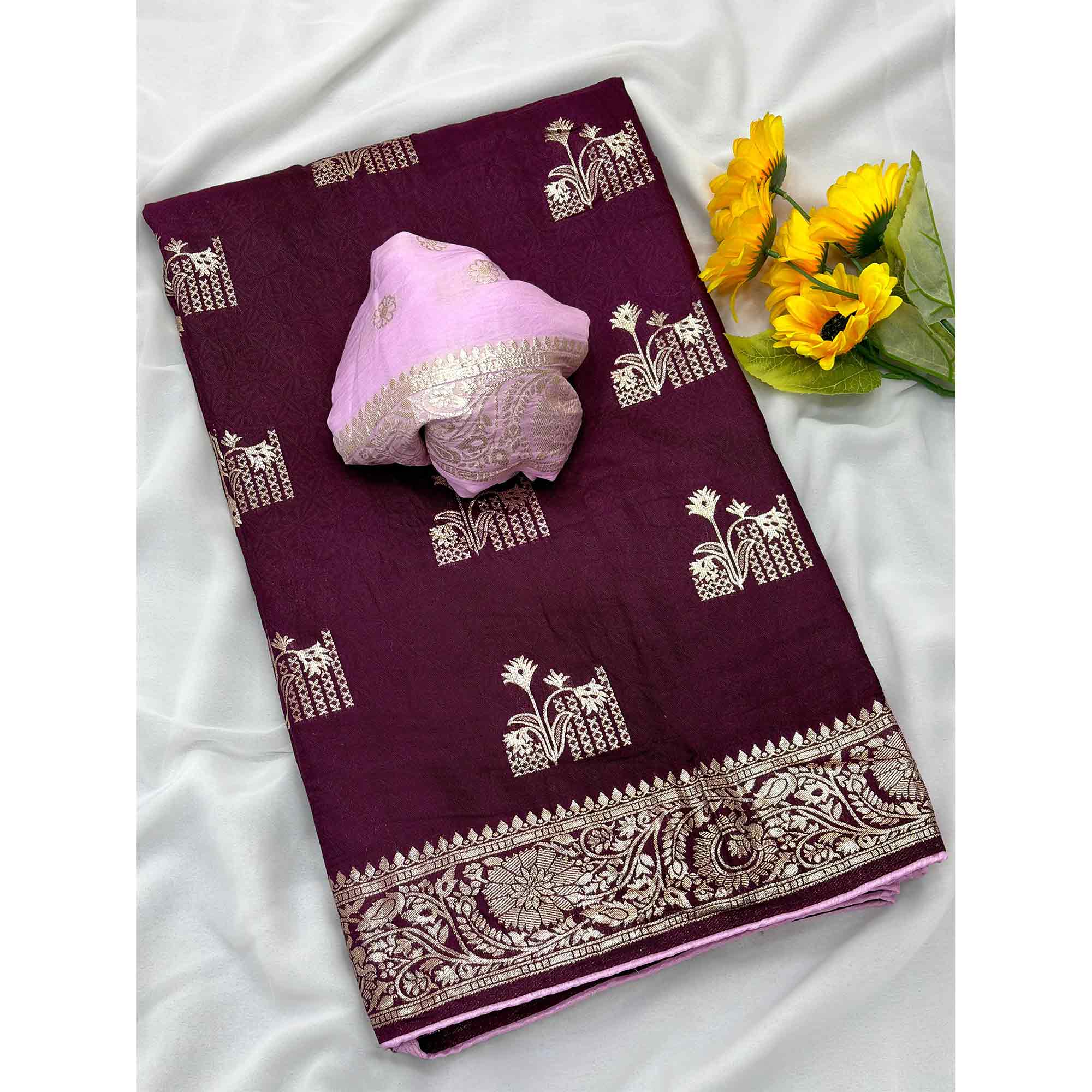 Purple Elegant Soft Muslin Saree with Fine Meenakari Zari Woven Motifs