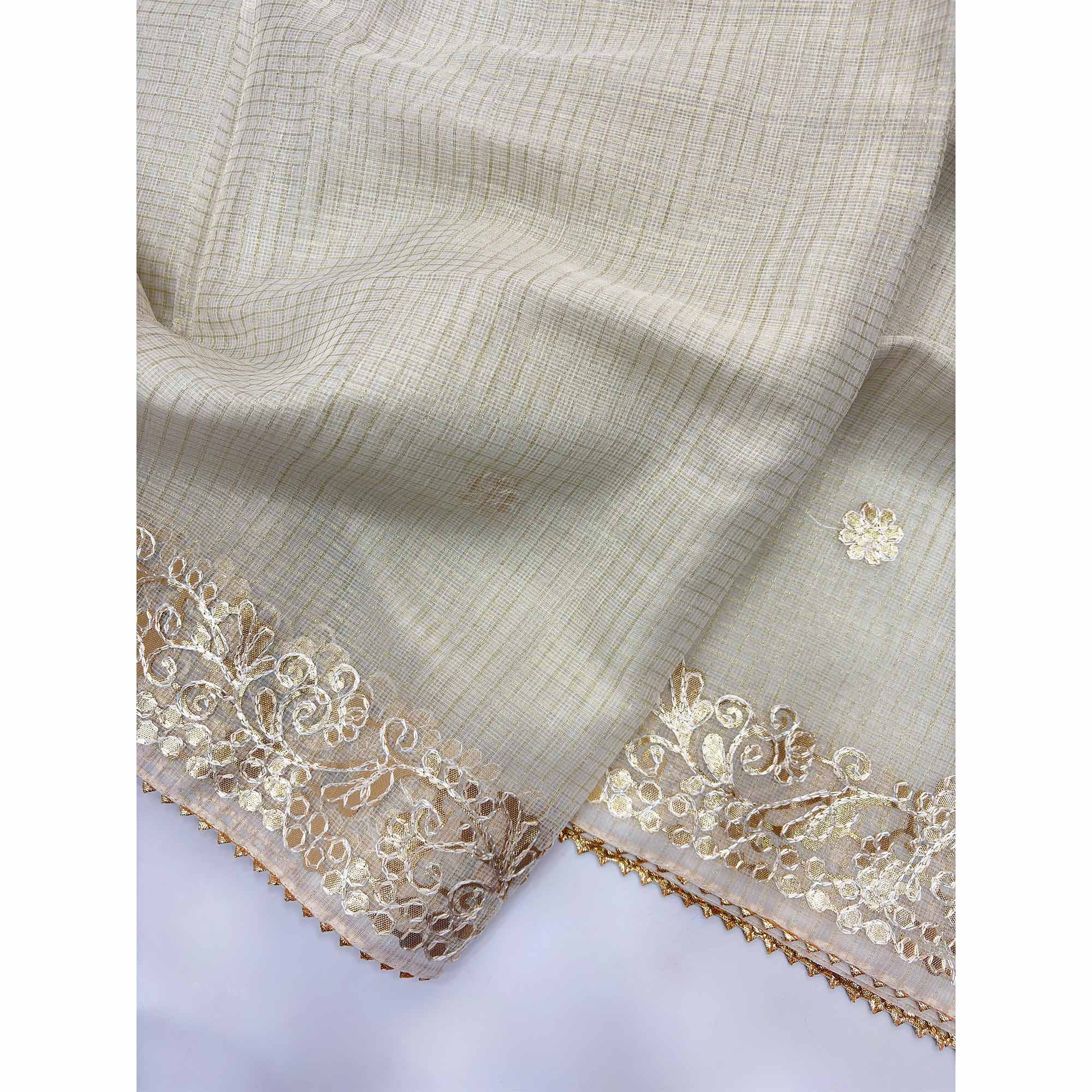 Cream Pure Kota Doria Saree Adorned with Exquisite Gota Work Embroidery