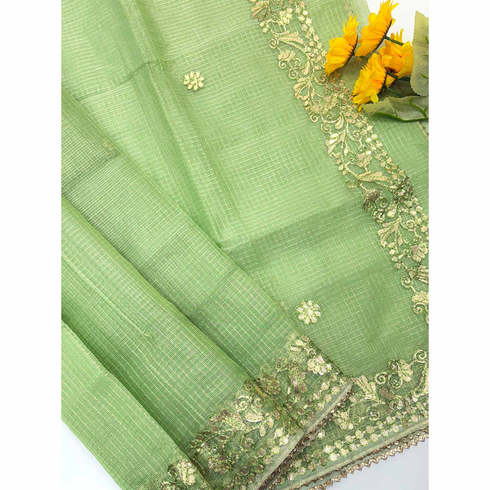 Green Pure Kota Doria Saree Adorned with Exquisite Gota Work Embroidery