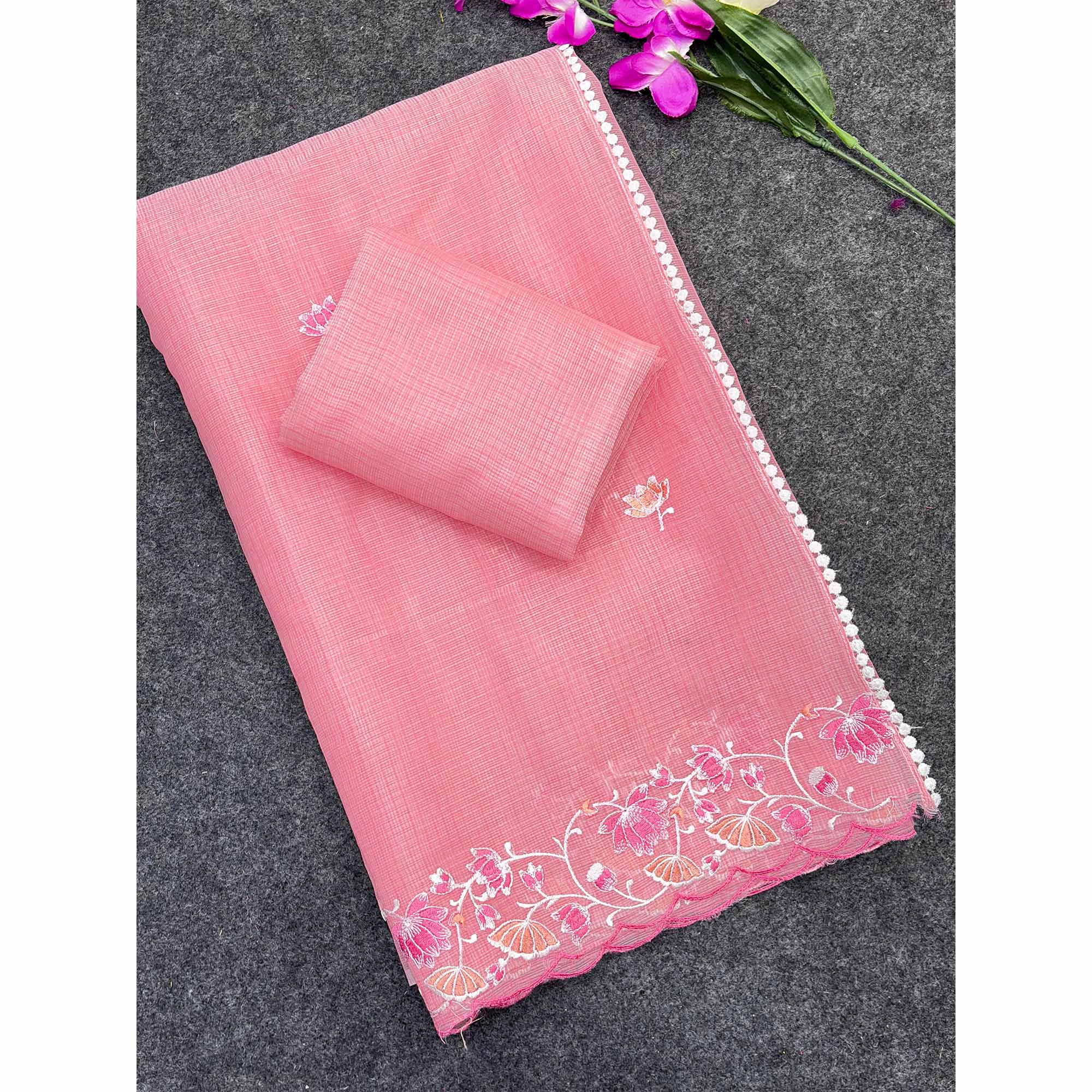 Pink Handwoven Kota Doria Saree Featuring Rich Gota Work for a Festive Look