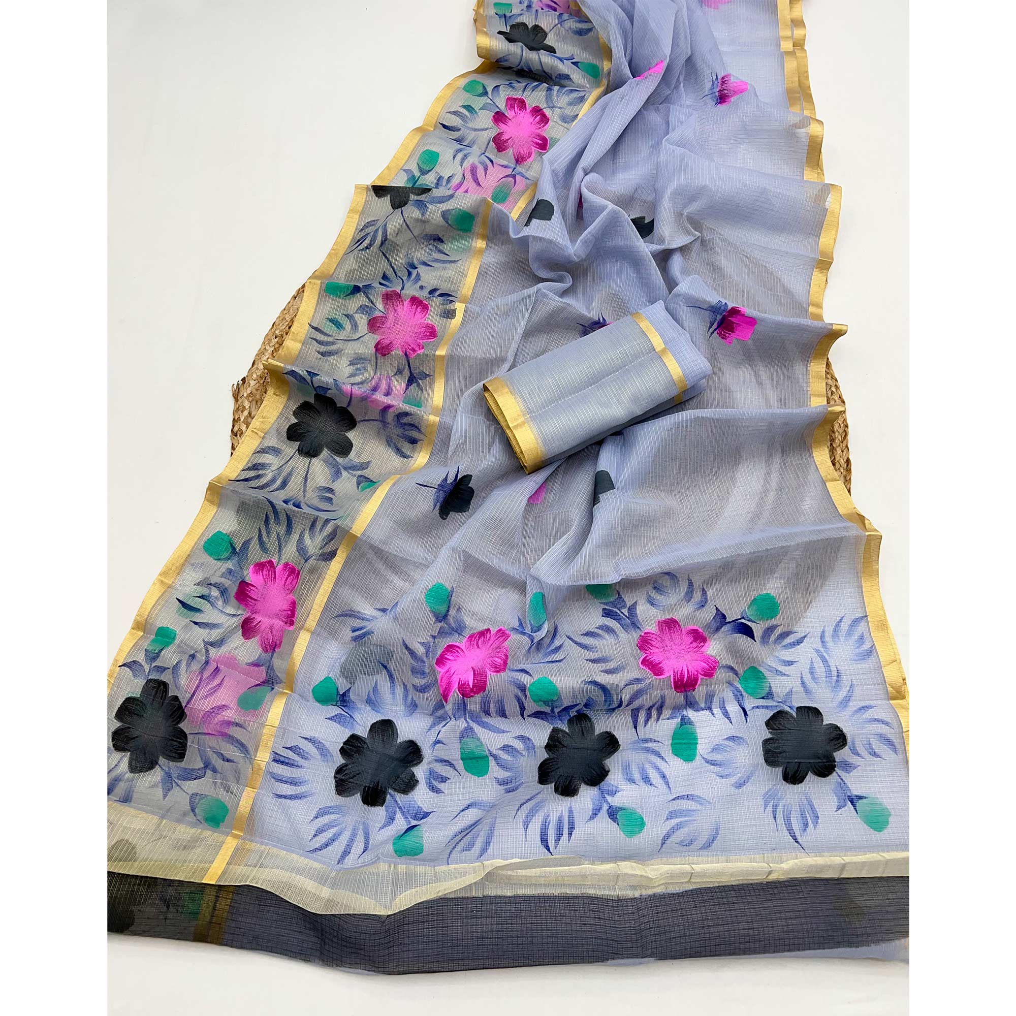 Bluish Grey Floral Brush-Painted Kota Doria Saree with Elegant Artistic Detailing