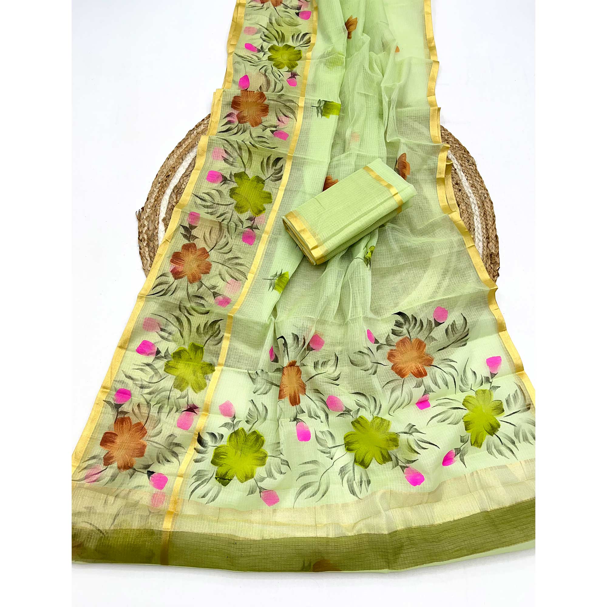 Green Floral Brush-Painted Kota Doria Saree with Elegant Artistic Detailing