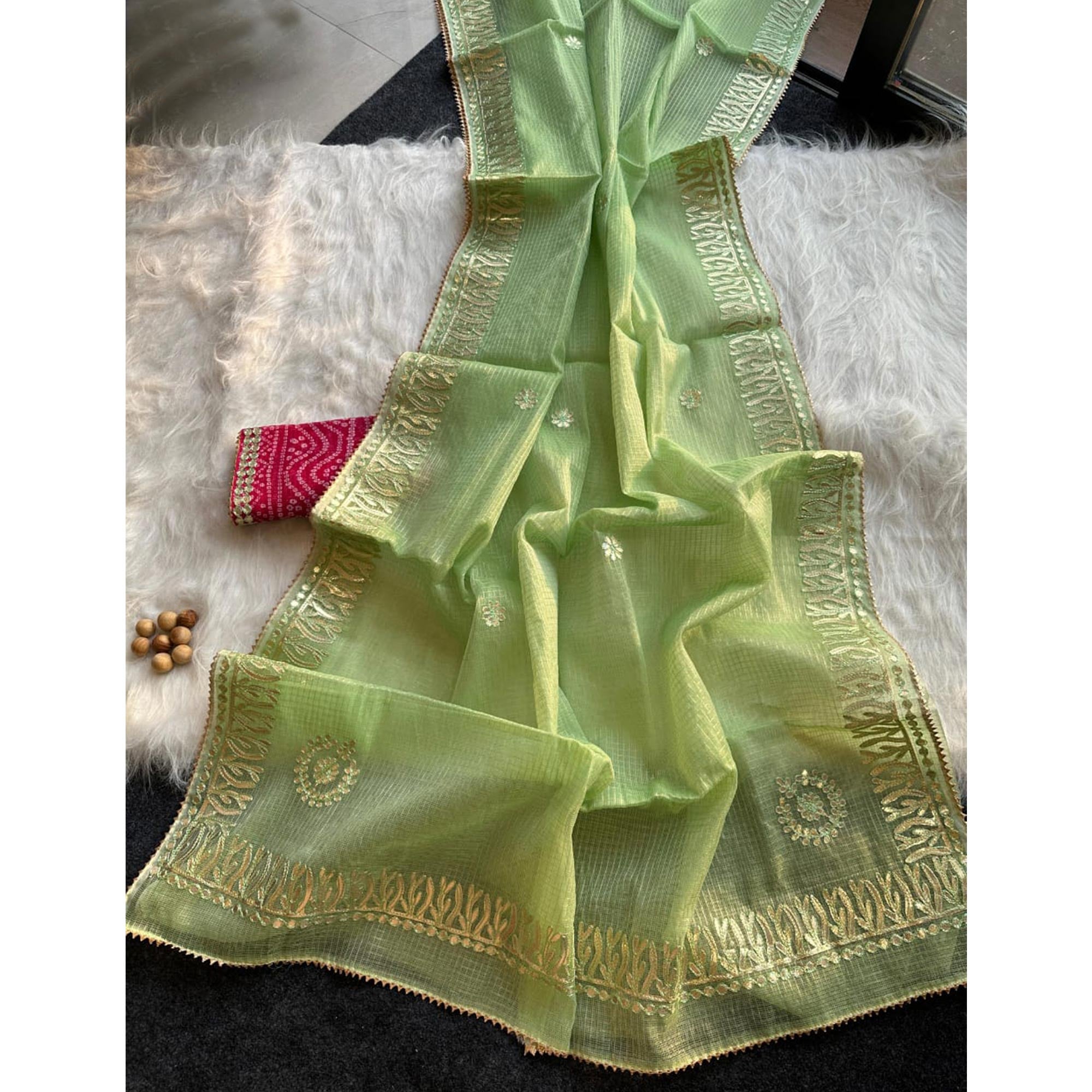 Green Festive Kota Doria Saree Decorated with Classic Gota Work Embroidery