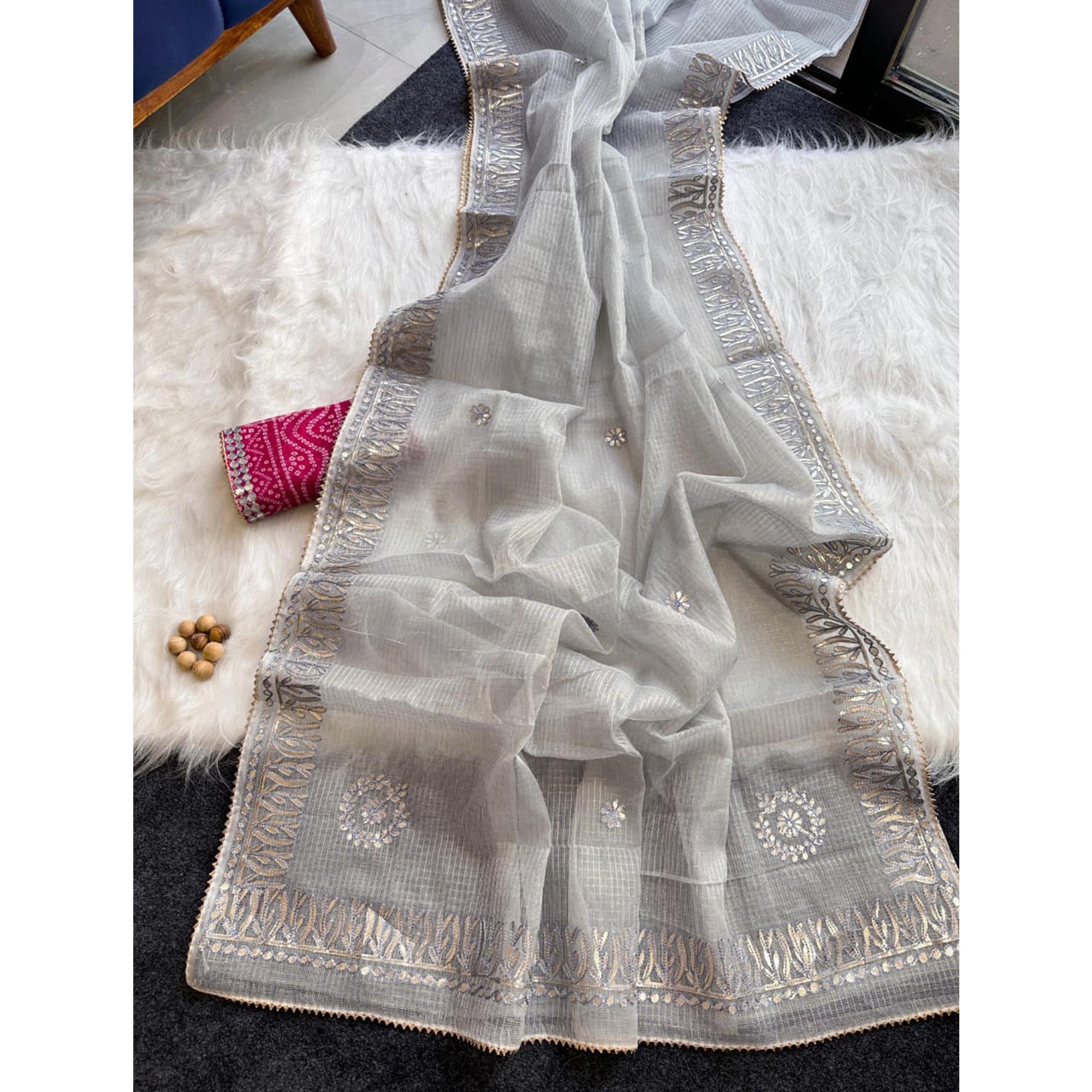 Grey Festive Kota Doria Saree Decorated with Classic Gota Work Embroidery