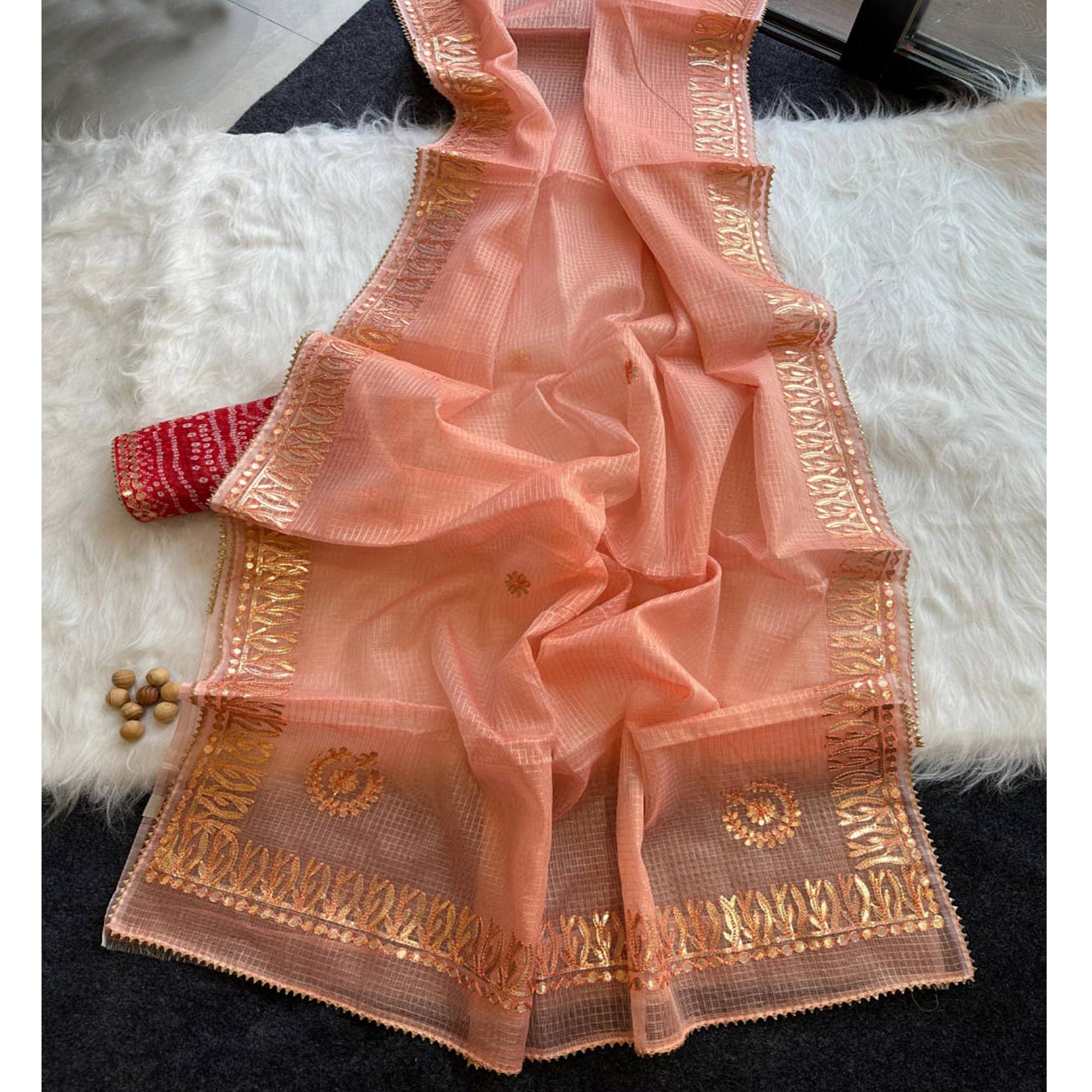 Peach Festive Kota Doria Saree Decorated with Classic Gota Work Embroidery