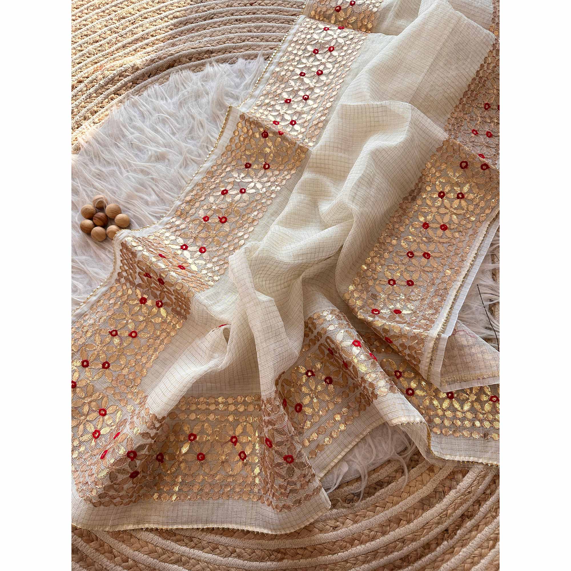 Cream Ethnic Kota Doria Saree Designed with Beautiful Traditional Gota Embroidery