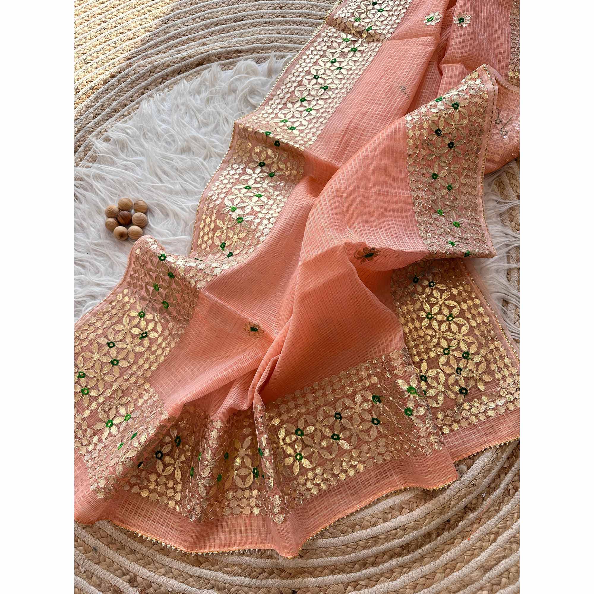 Peach Ethnic Kota Doria Saree Designed with Beautiful Traditional Gota Embroidery