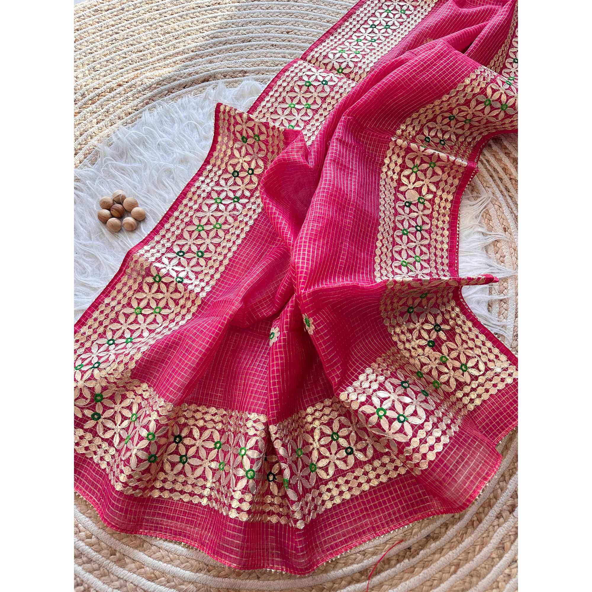 Pink Ethnic Kota Doria Saree Designed with Beautiful Traditional Gota Embroidery