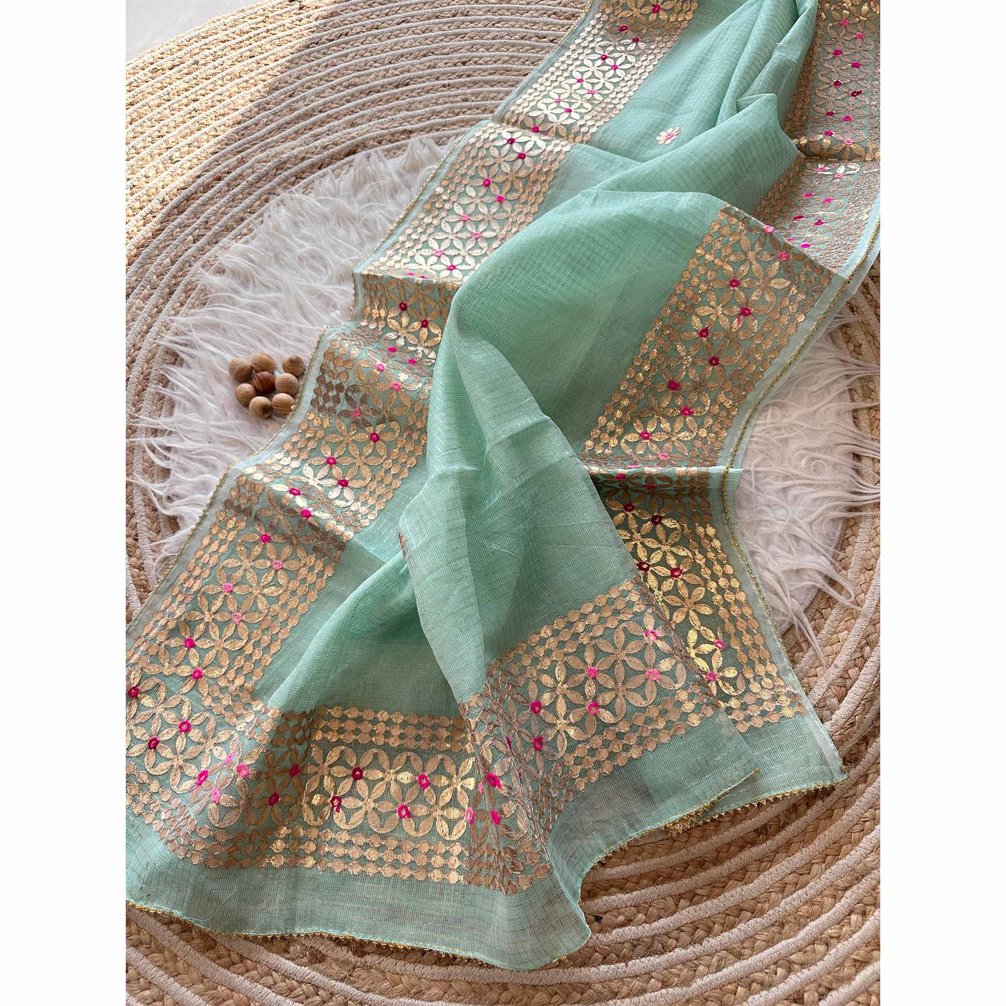 Sea Green Ethnic Kota Doria Saree Designed with Beautiful Traditional Gota Embroidery