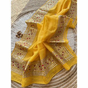 Yellow Ethnic Kota Doria Saree Designed with Beautiful Traditional Gota Embroidery