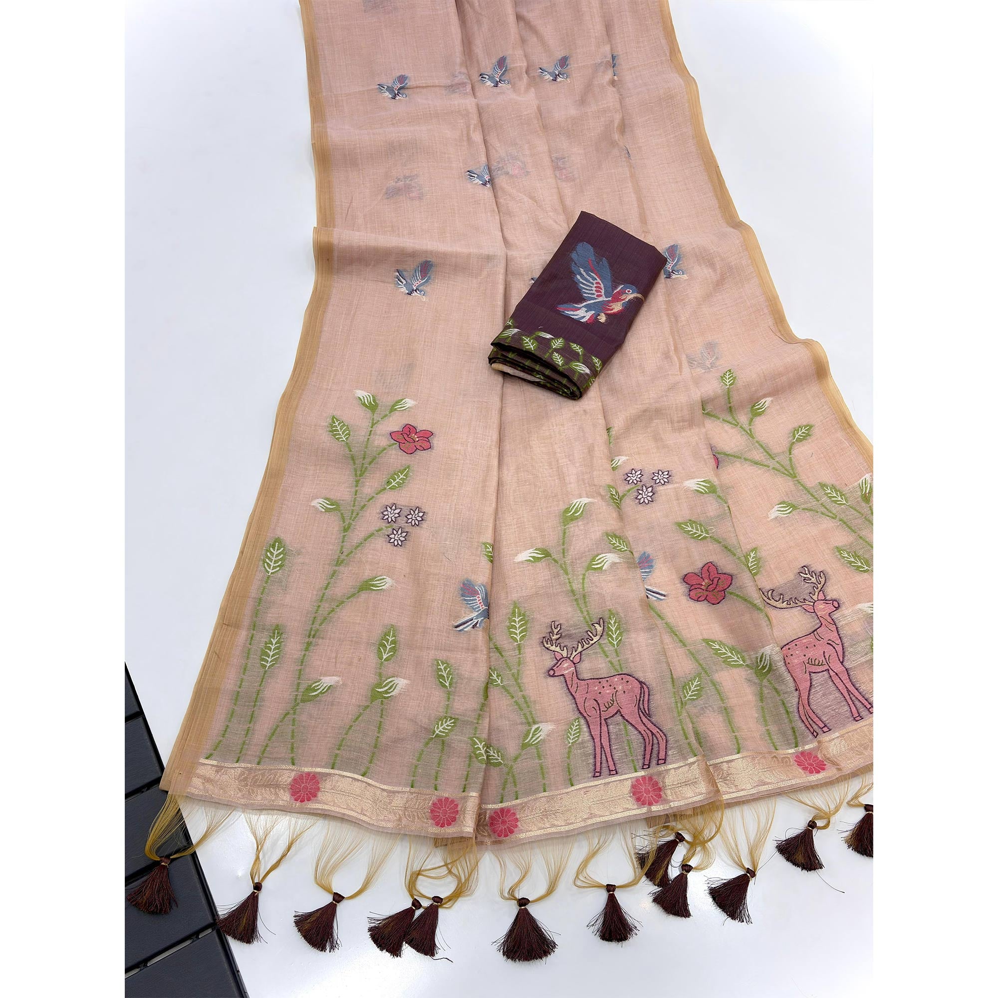 Peach Floral Handloom Muga Cotton Silk Saree with Artisanal Weave