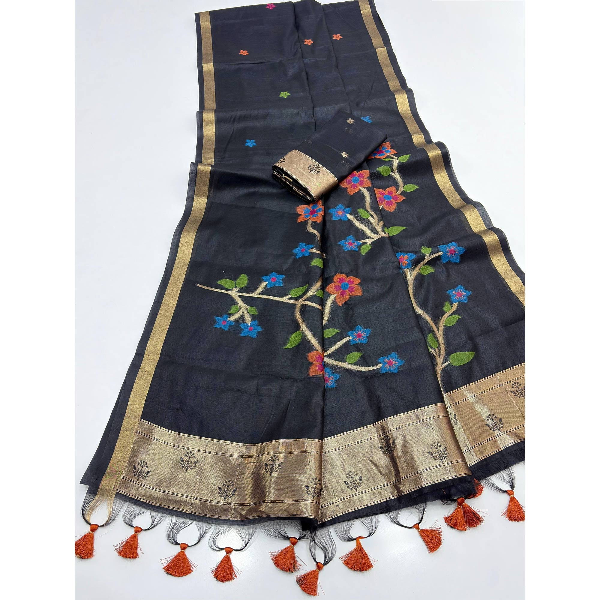 Black Floral Handloom Muga Cotton Silk Saree with Traditional Charm