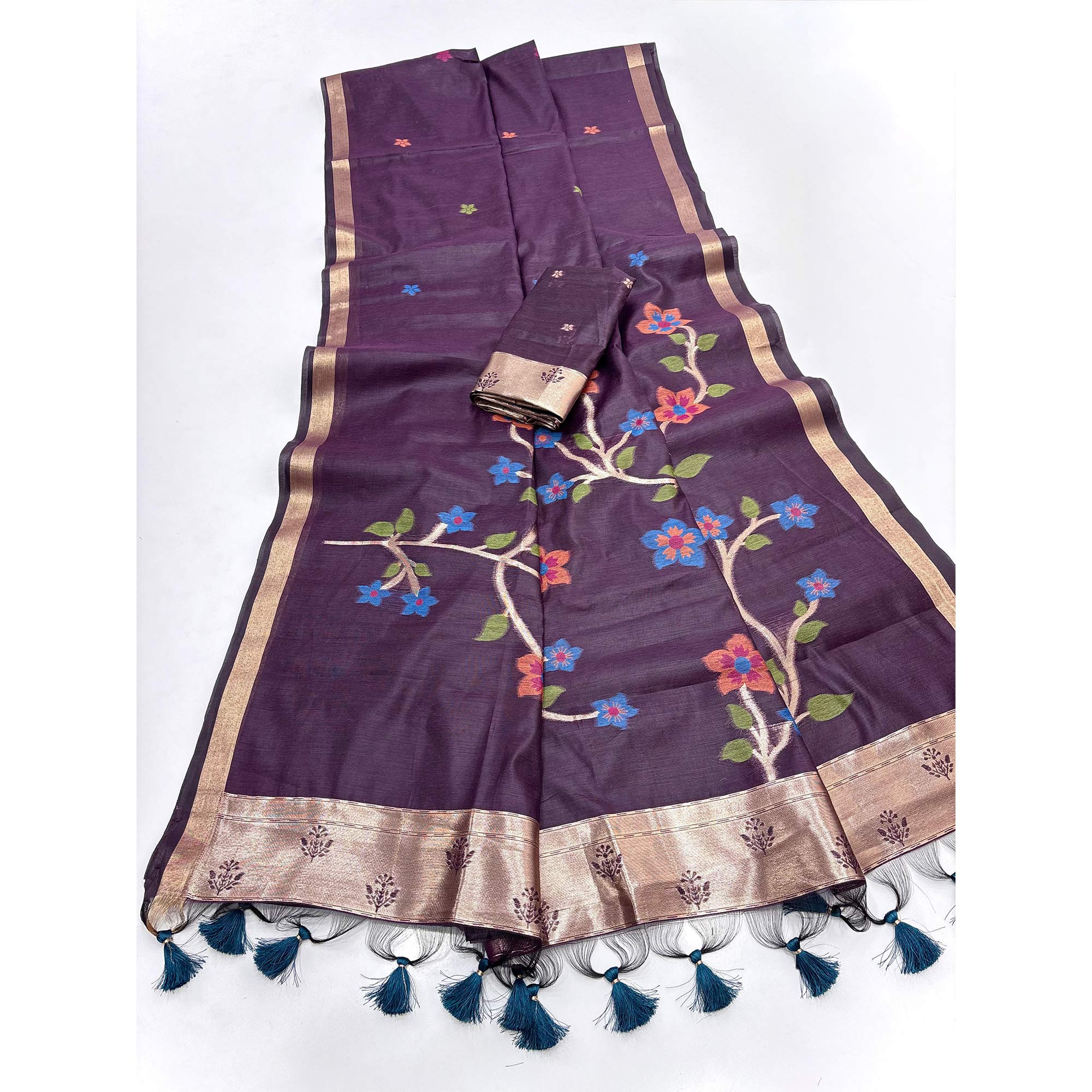 Wine Floral Handloom Muga Cotton Silk Saree with Traditional Charm