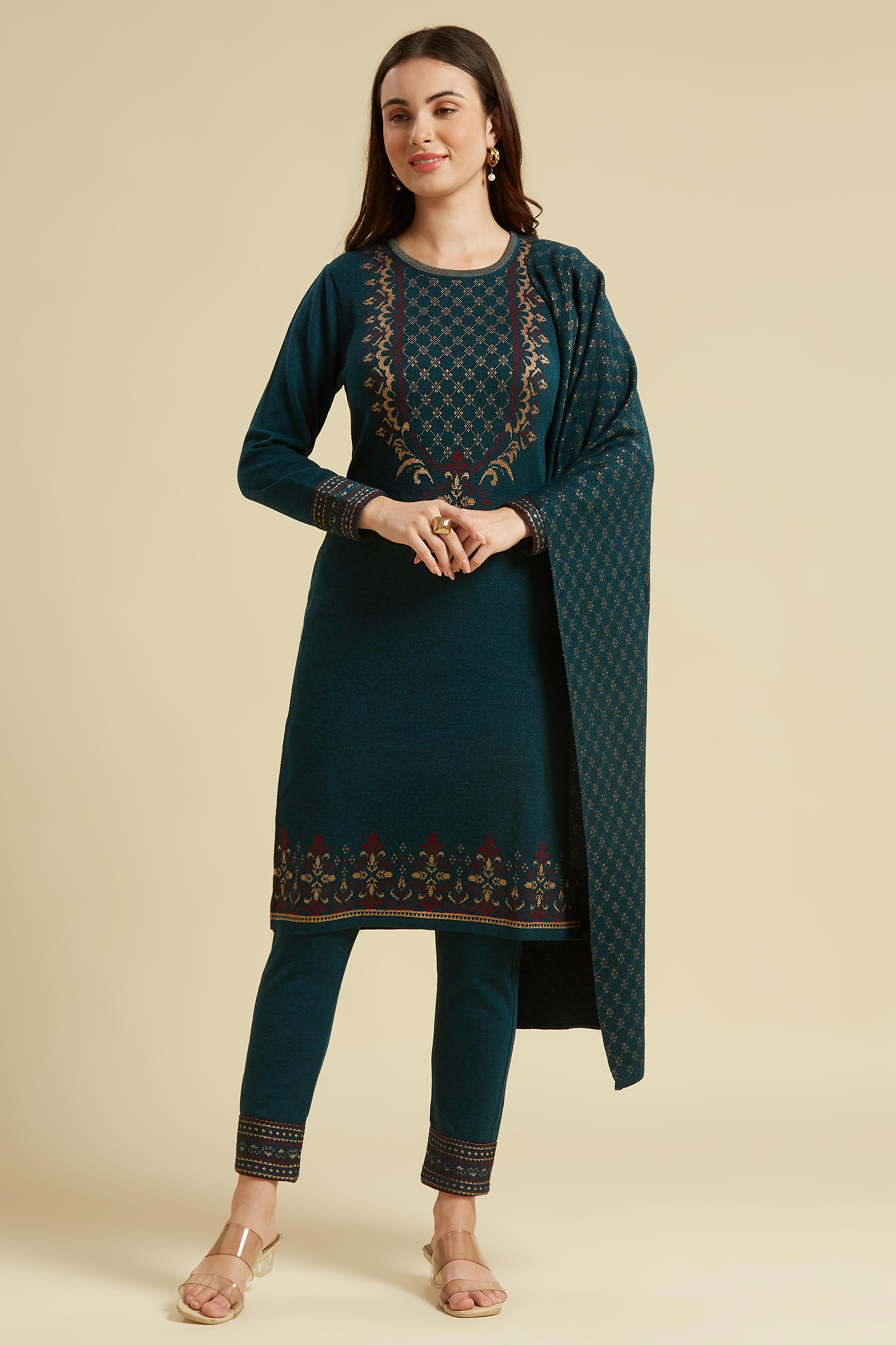 Dark Teal Floral Woolen Salwar Suit