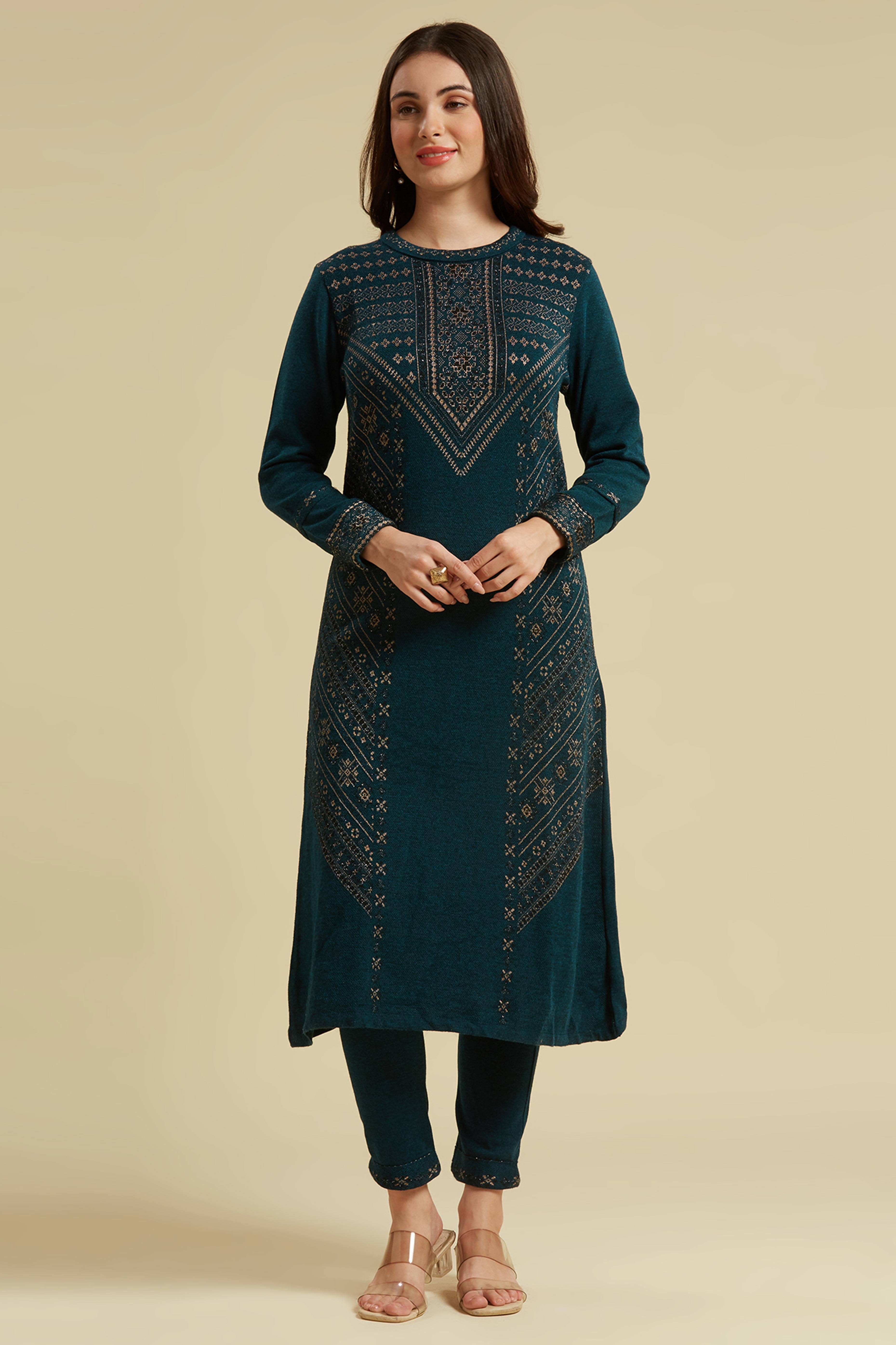 Dark Teal Floral Woolen Top Bottom Set