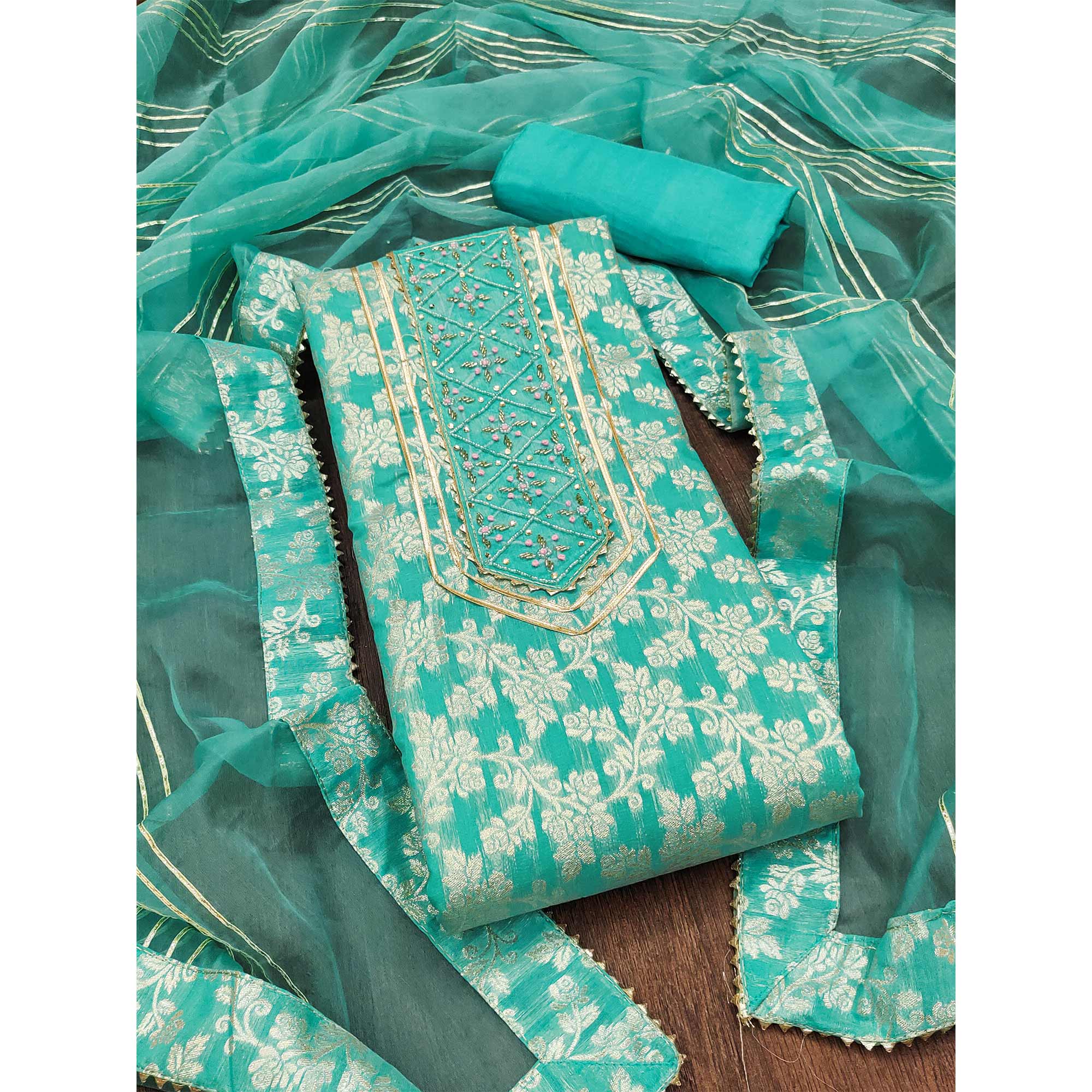 Turquoise Woven With Handwork Jacquard Dress Material
