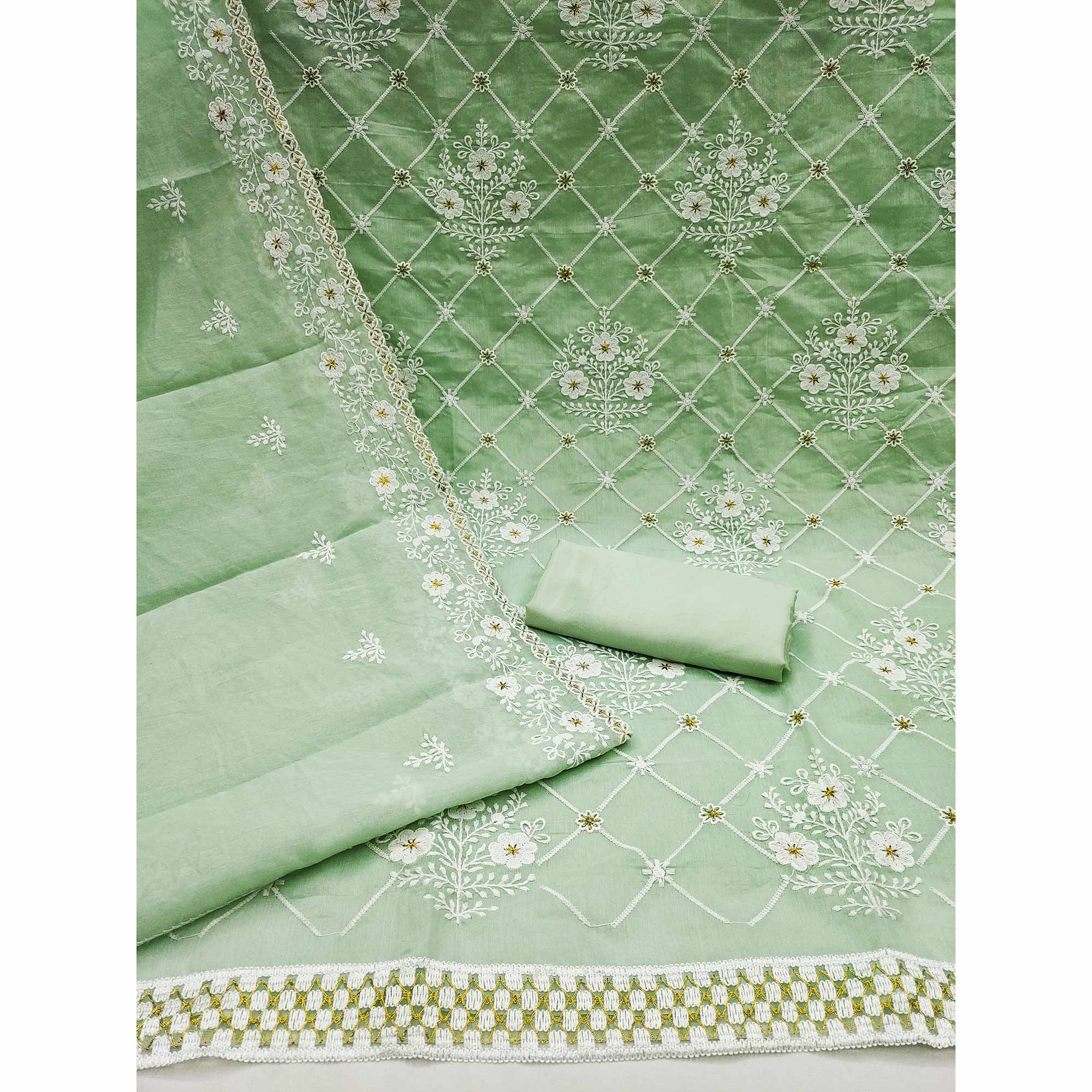 Green Floral Embroidered Chanderi Cotton Dress Material