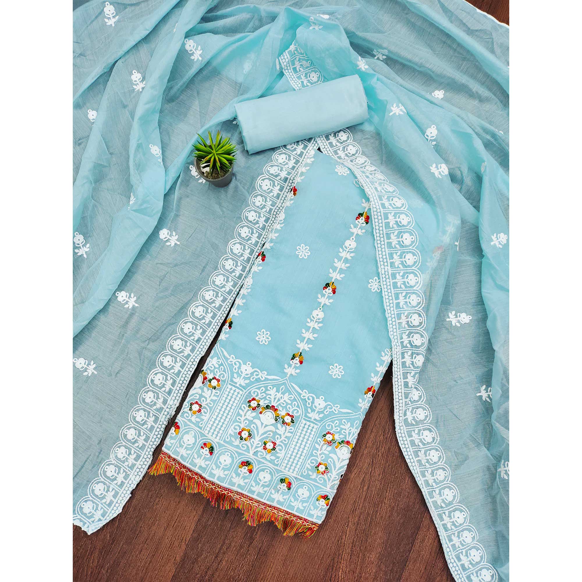 Sky Blue Floral Embroidered Chanderi Cotton Dress Material