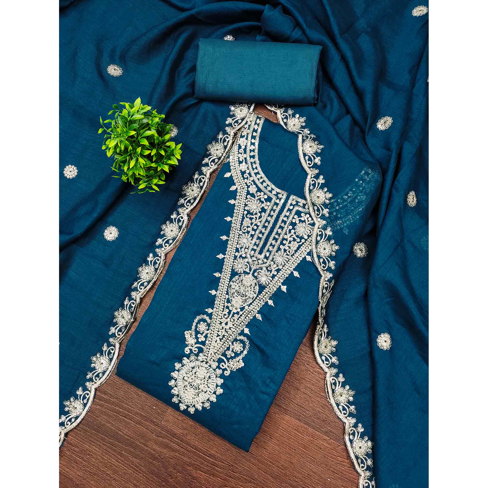 Elegant Blue Floral Embroidered Dress Material In Vichitra Silk With Sequins Detailing