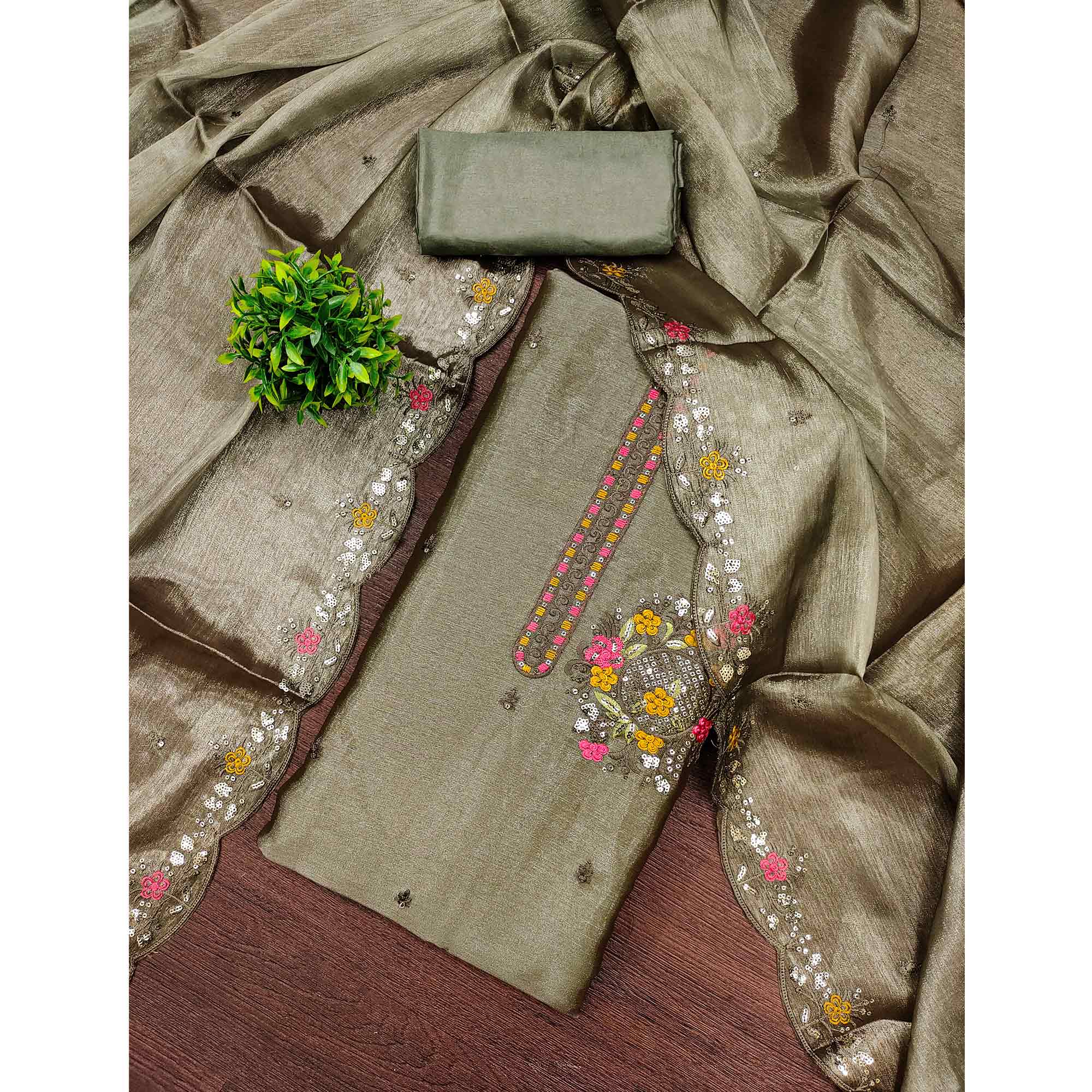 Graceful Green Silk Blend Dress Material Featuring Exquisite Floral Embroidery & Sequins Accents